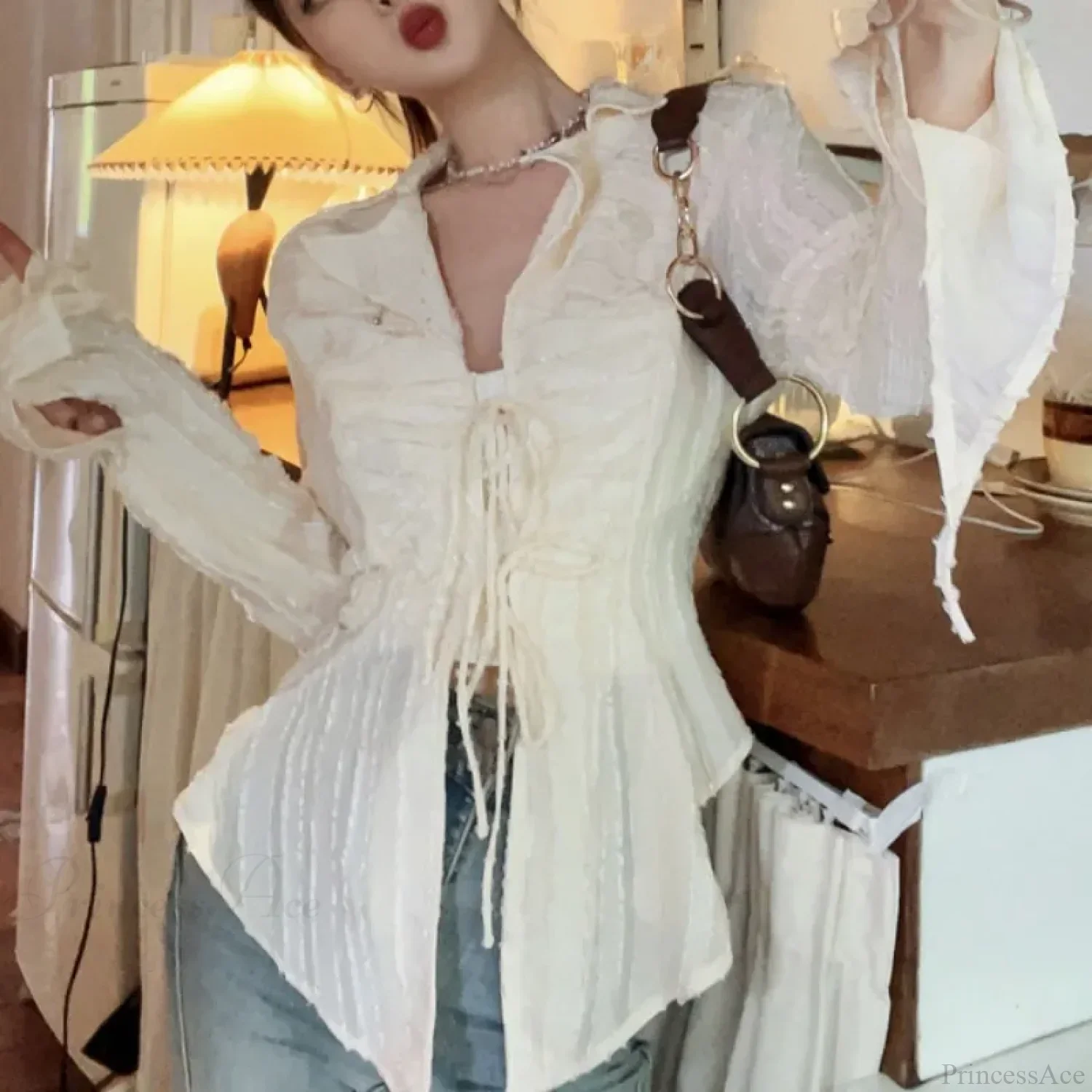 Lace Up Blouse Turn-down Collar Women Blouse - Image 4