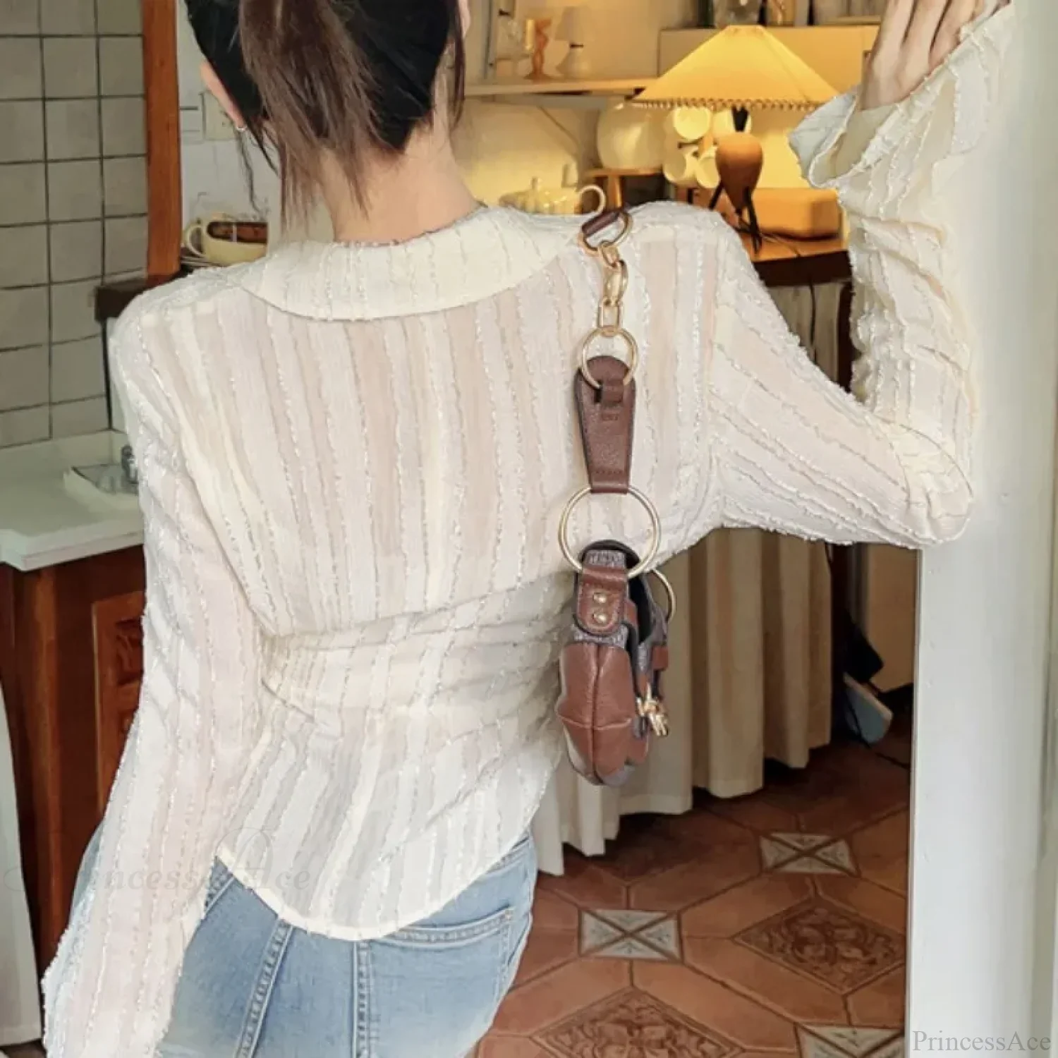 Lace Up Blouse Turn-down Collar Women Blouse - Image 5