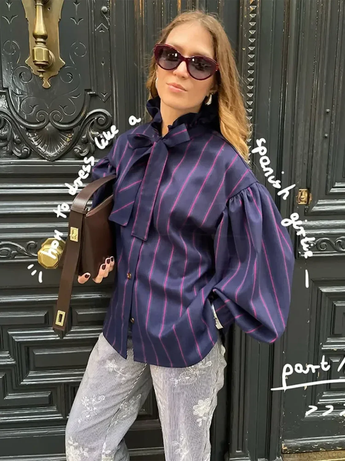 Lace Up Collision Striped Round Neck Blouse - Image 7