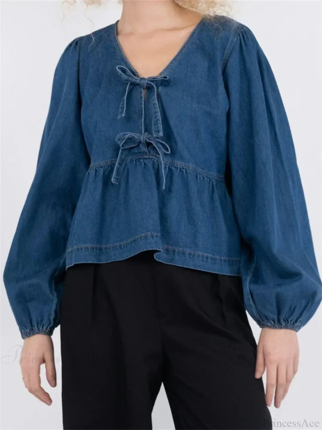 Lace-Up Denim V-neck Blouse - Image 3