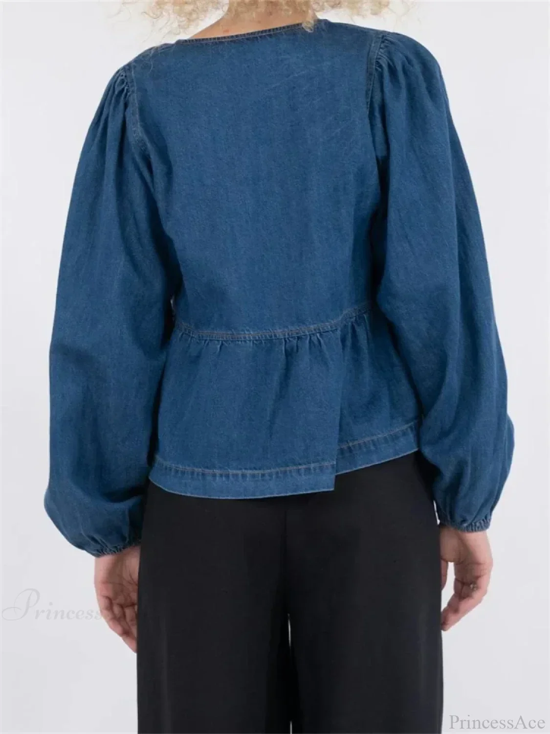 Lace-Up Denim V-neck Blouse - Image 4