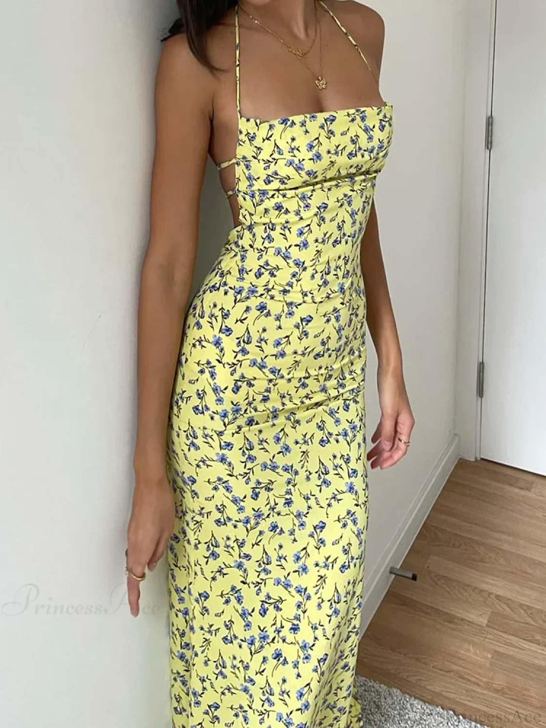 Lace-Up Halter Floral Backless Bodycon Dress - Image 2
