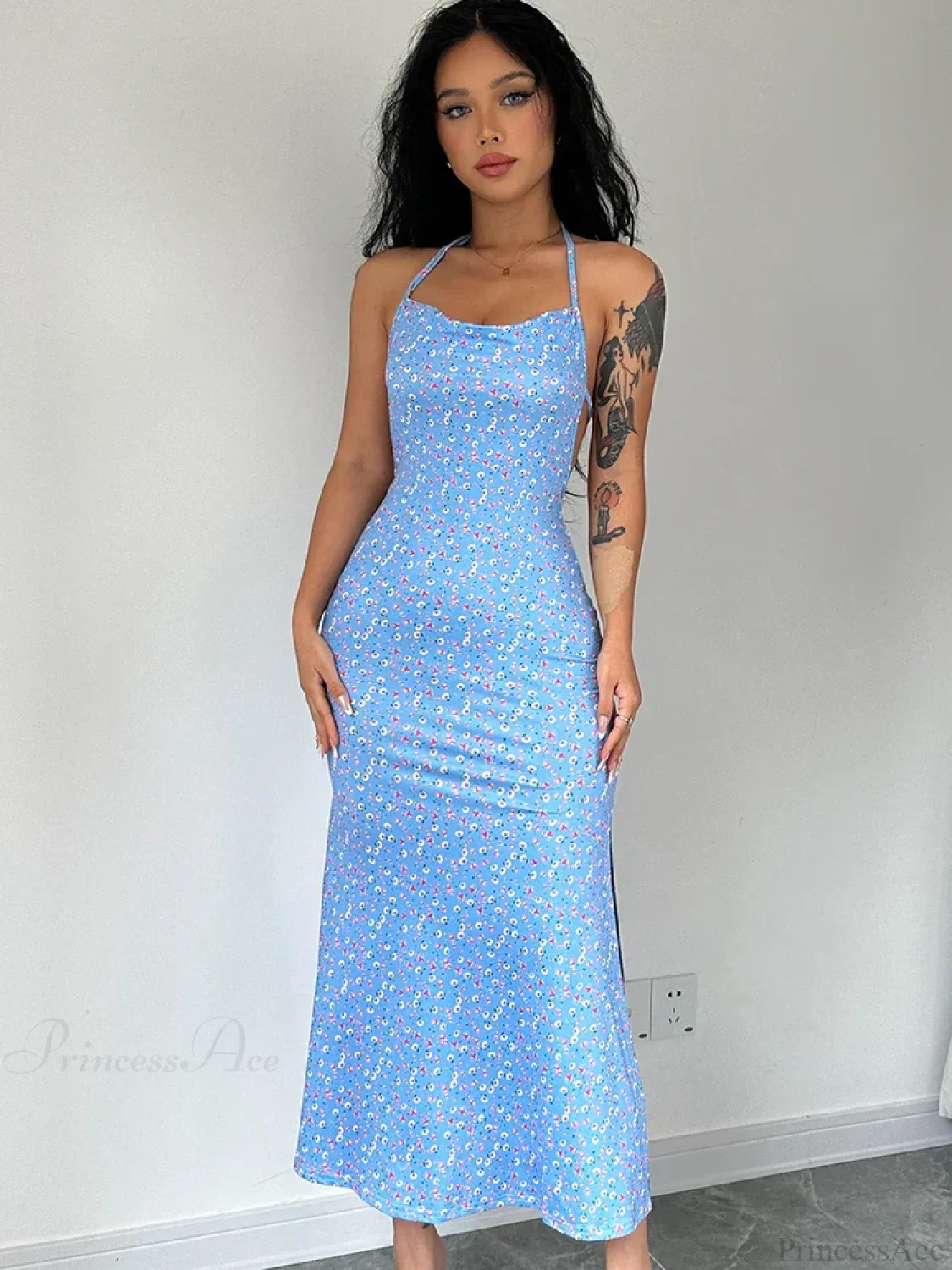 Lace-Up Halter Floral Backless Bodycon Dress - Image 6
