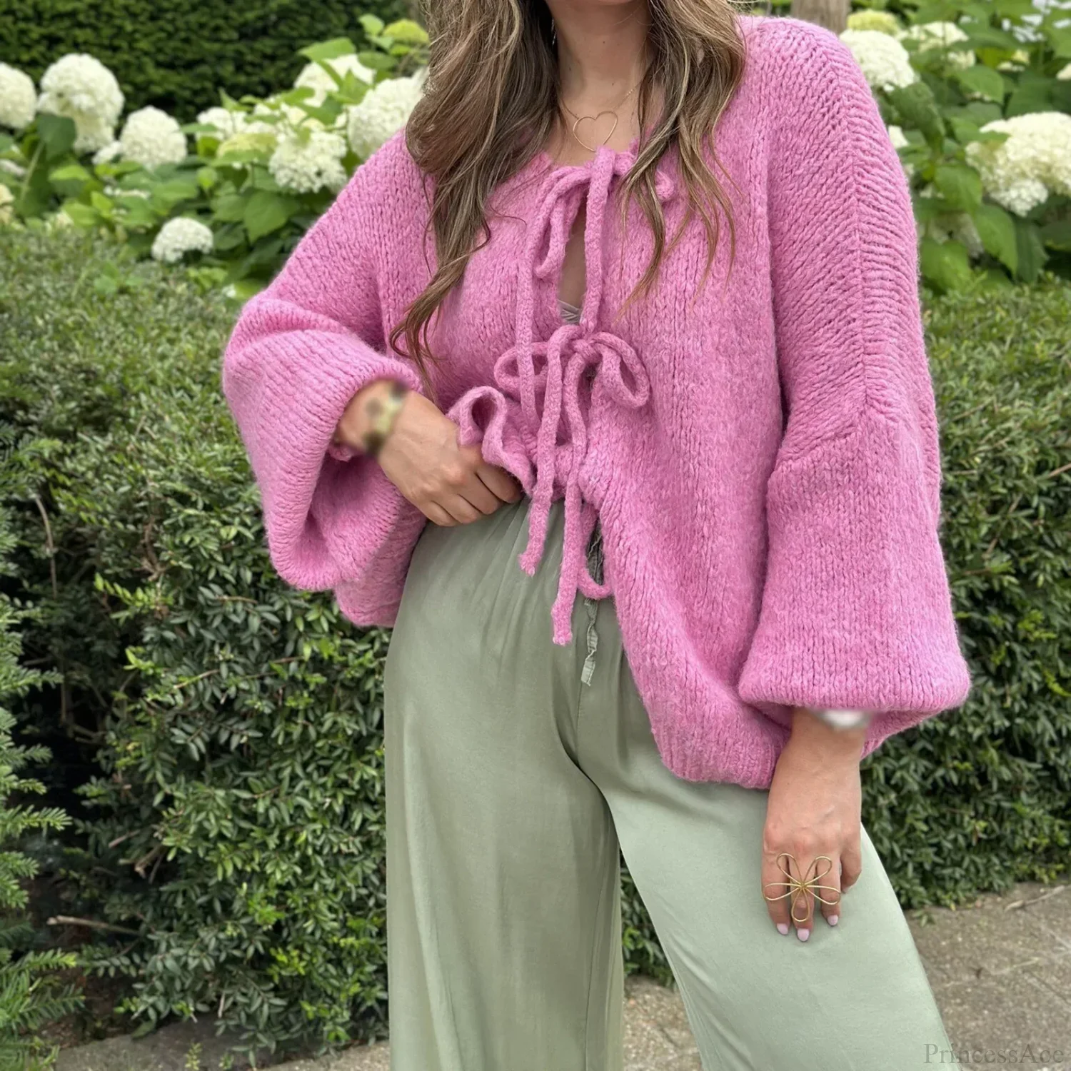 Lace-Up Hollow Out Patchwork Cardigan - Image 2
