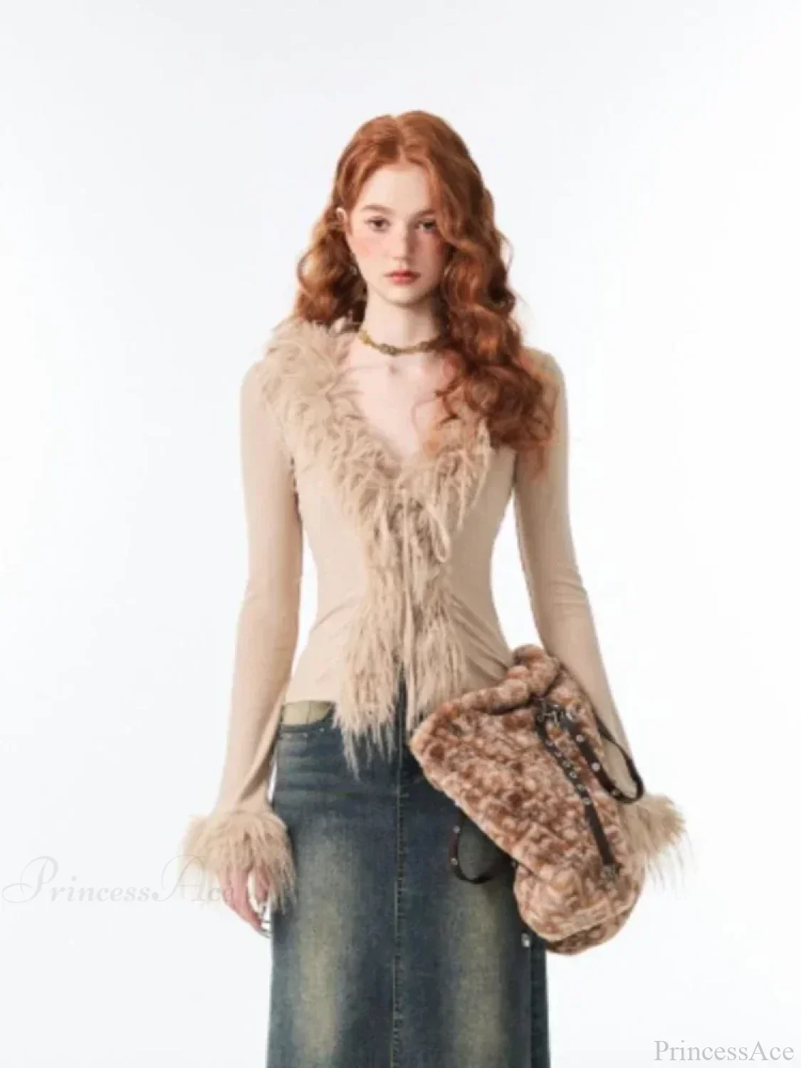 Lace Up Plush V-neck Cardigan - Image 4