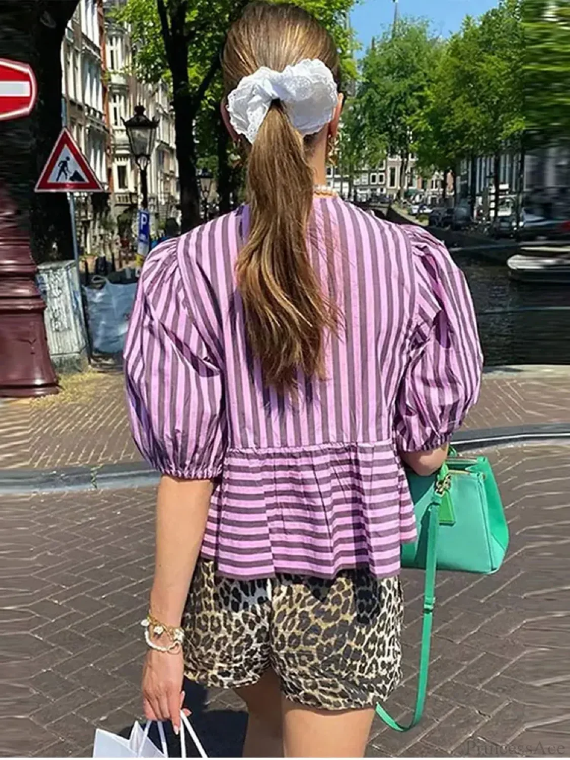 Lace Up Striped O-neck Loose Short Sleeve Blouse - Image 2