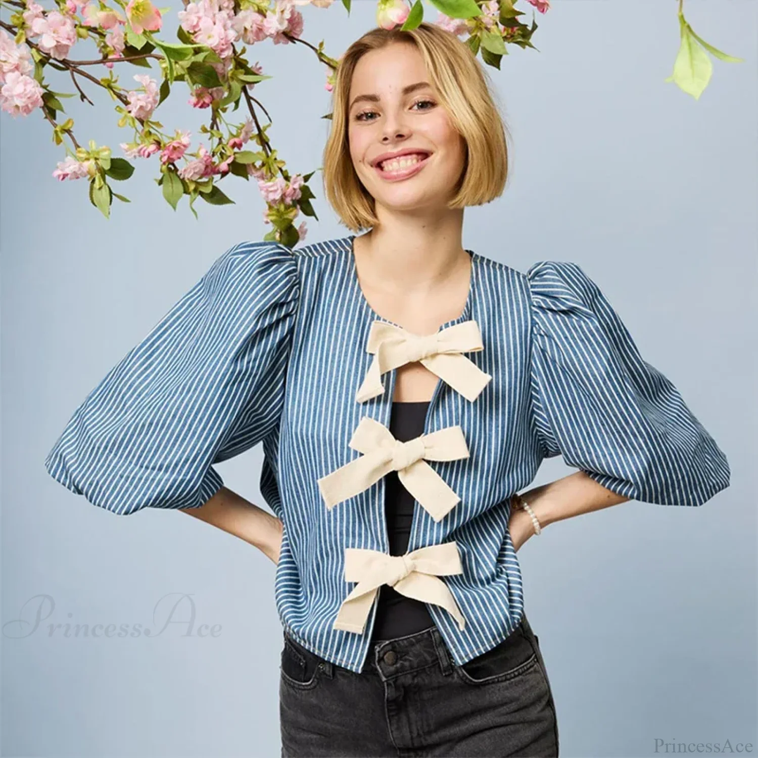 Lace Up Striped O-neck Loose Short Sleeve Blouse - Image 6