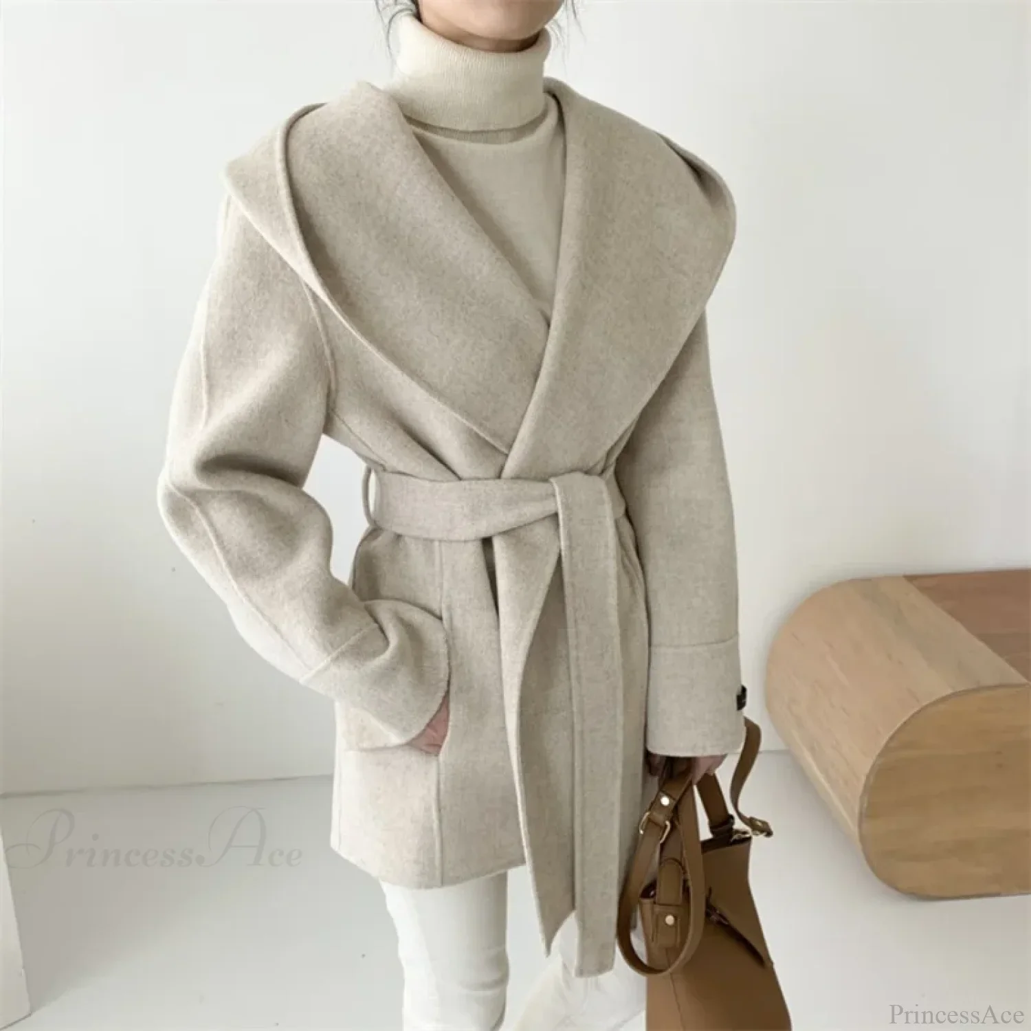 Lace-Up Woolen Hooded Jacket Overcoat - Image 2