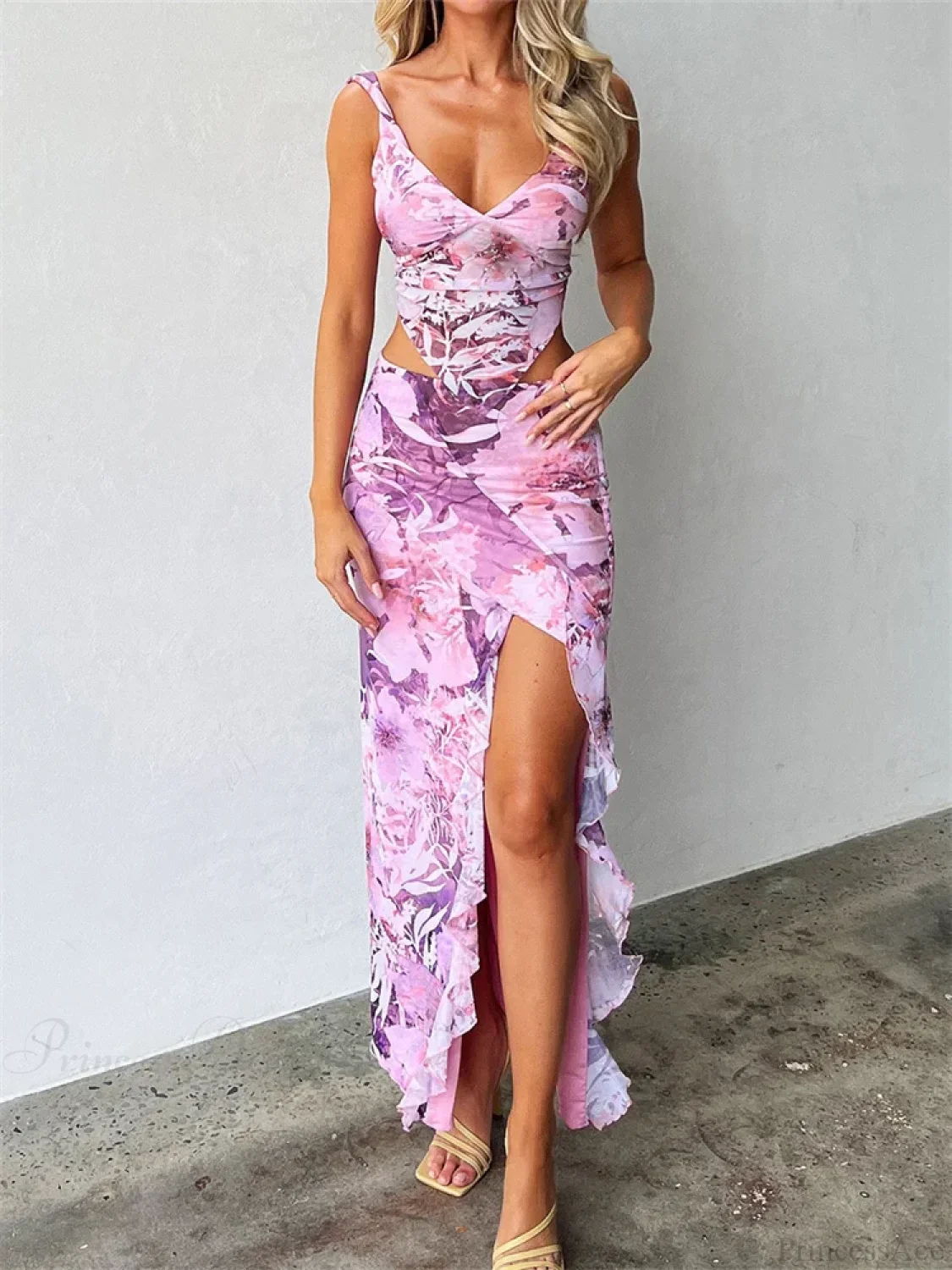 Lace V-neck Backless Camis Top High Split Skirt Summer Set - Image 9
