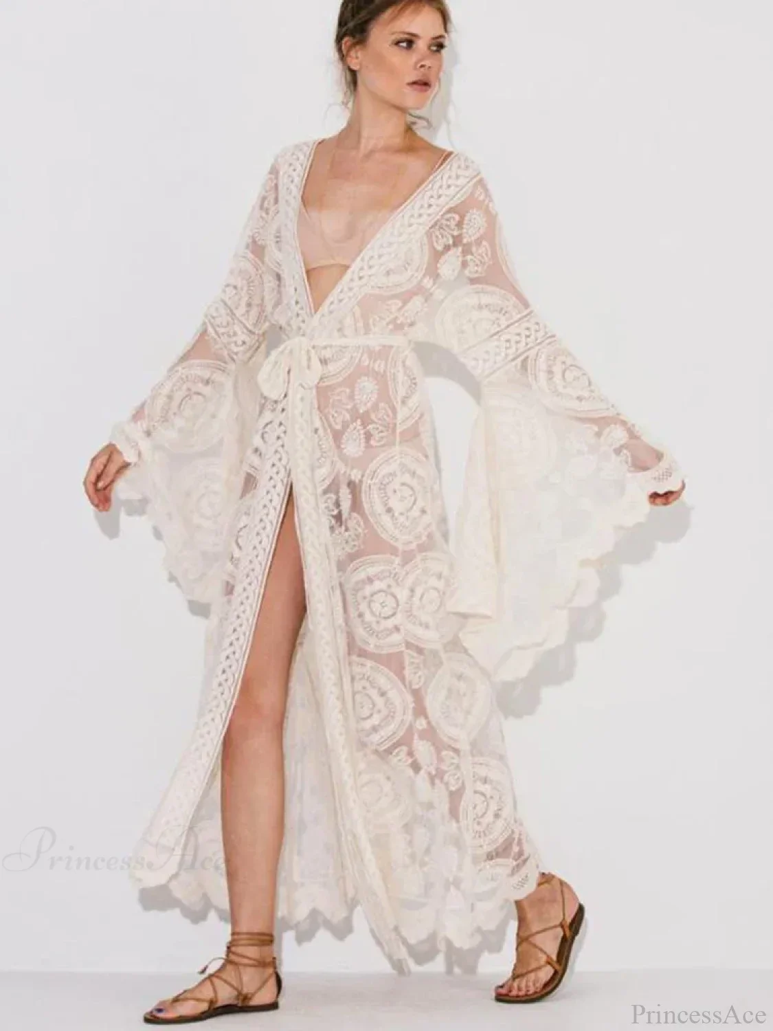 Lace V-Neck Flare Sleeve Beach Cover Up - Image 4