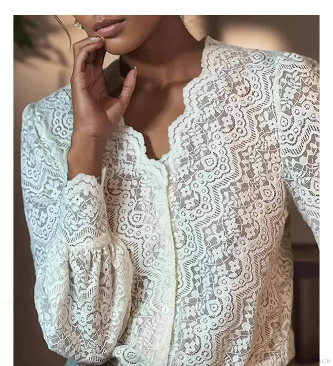 Lace V-Neck Floral Vintage Elegant Long Sleeve Boho Blouse - Image 2
