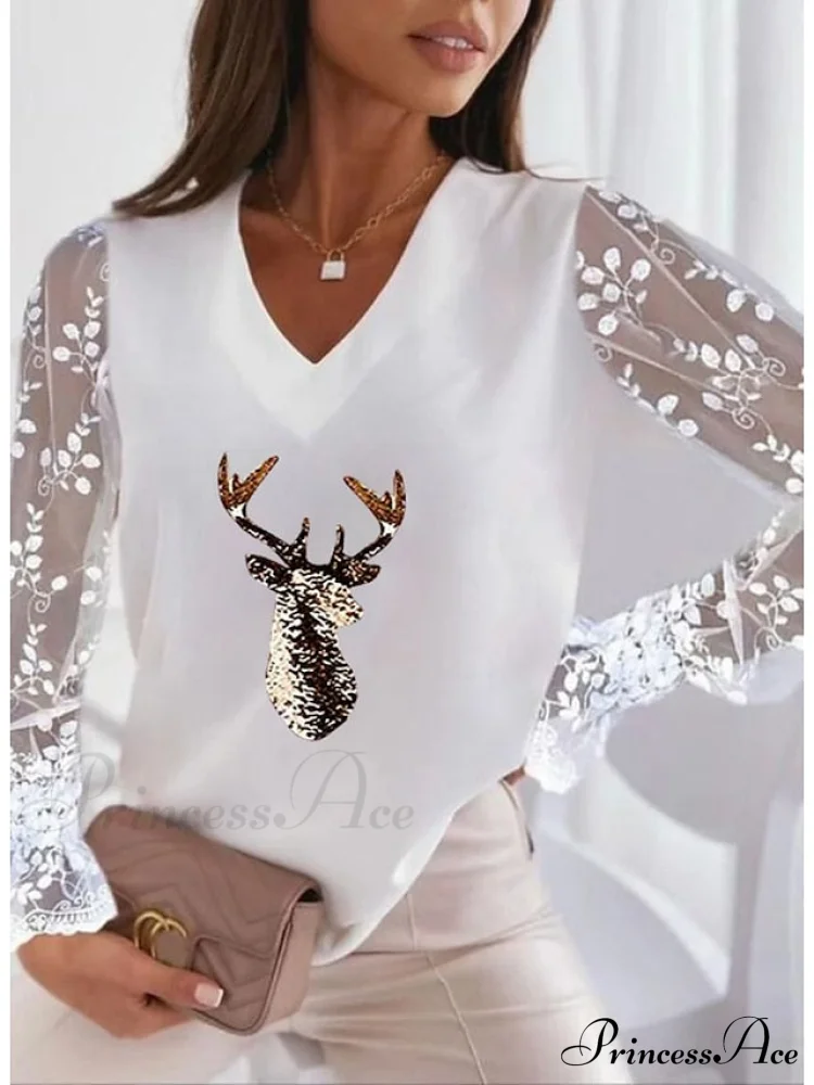 Lace Women's Patchwork Silver Maroon Reindeer Peach Trim Tee - Image 2