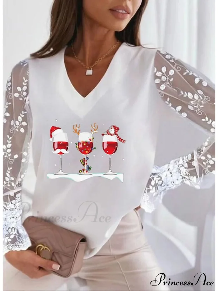Lace Women's Patchwork Silver Maroon Reindeer Peach Trim Tee - Image 3