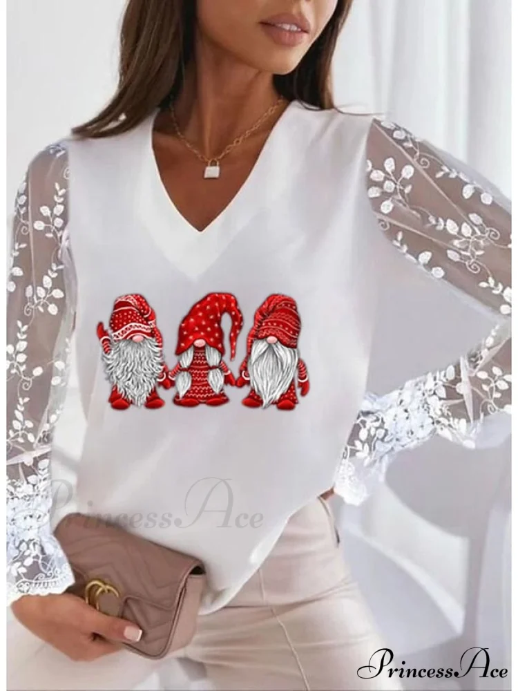 Lace Women's Patchwork Silver Maroon Reindeer Peach Trim Tee - Image 4