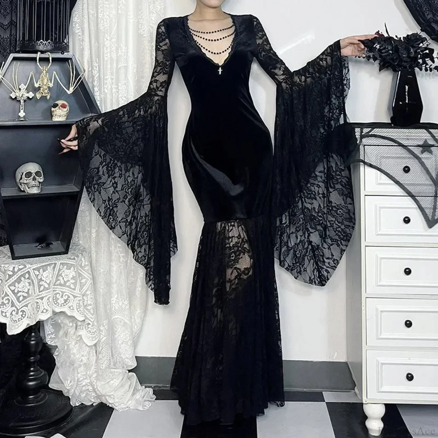 Lacy Mesh V-Neck Long Dress - Image 2