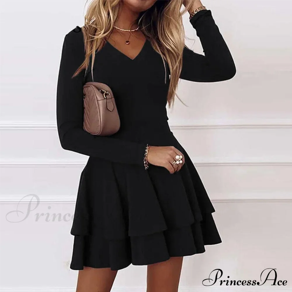 Lady - Fit Folded Loose Casual Women's Party Gown Gown - Arm Mini Solid Office - Elegant Autumn V-Neck Long Vestidos