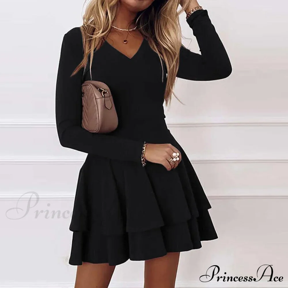 Lady - Fit Folded Loose Casual Women's Party Gown Gown - Arm Mini Solid Office - Elegant Autumn V-Neck Long Vestidos - Image 5