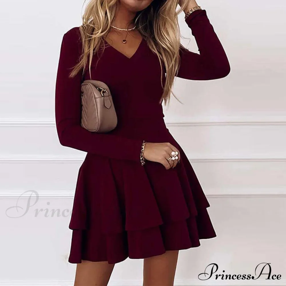 Lady - Fit Folded Loose Casual Women's Party Gown Gown - Arm Mini Solid Office - Elegant Autumn V-Neck Long Vestidos - Image 6