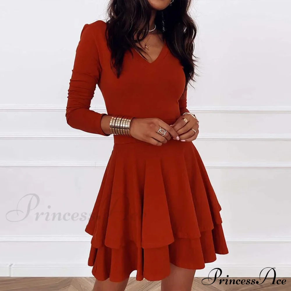 Lady - Fit Folded Loose Casual Women's Party Gown Gown - Arm Mini Solid Office - Elegant Autumn V-Neck Long Vestidos - Image 7