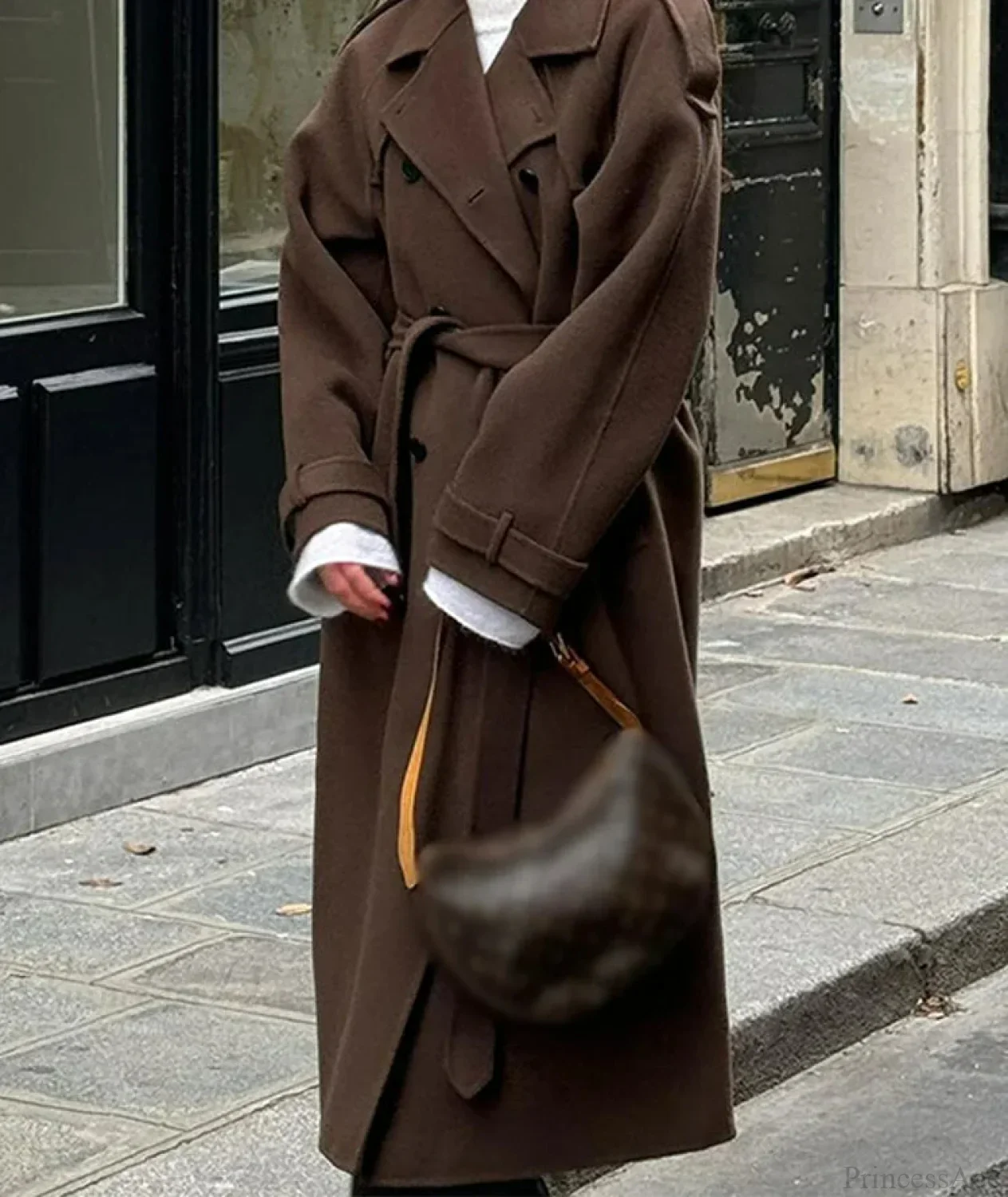Lamb Wool Patchwork Leather Belted Overcoat - Image 3