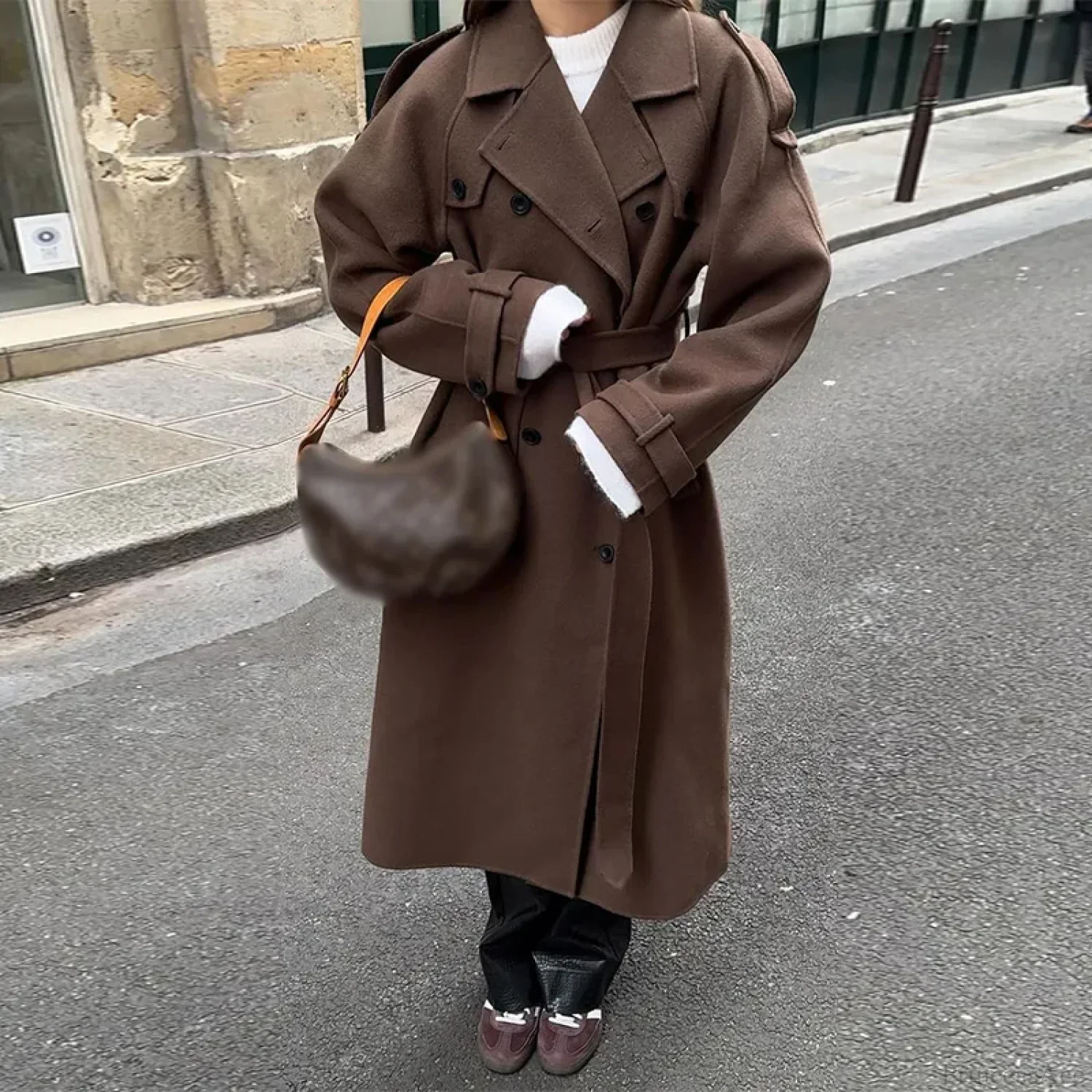 Lamb Wool Patchwork Leather Belted Overcoat - Image 5