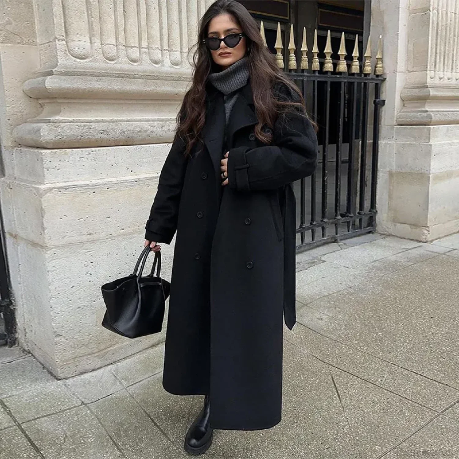 Lamb Wool Patchwork Leather Belted Overcoat - Image 6