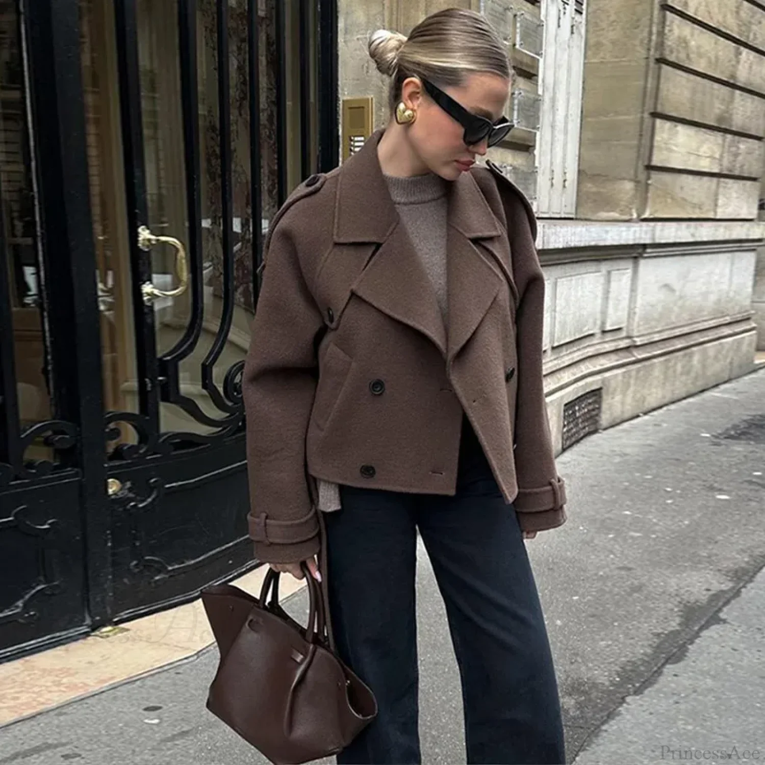 Lamb Wool Patchwork Leather Belted Overcoat - Image 8