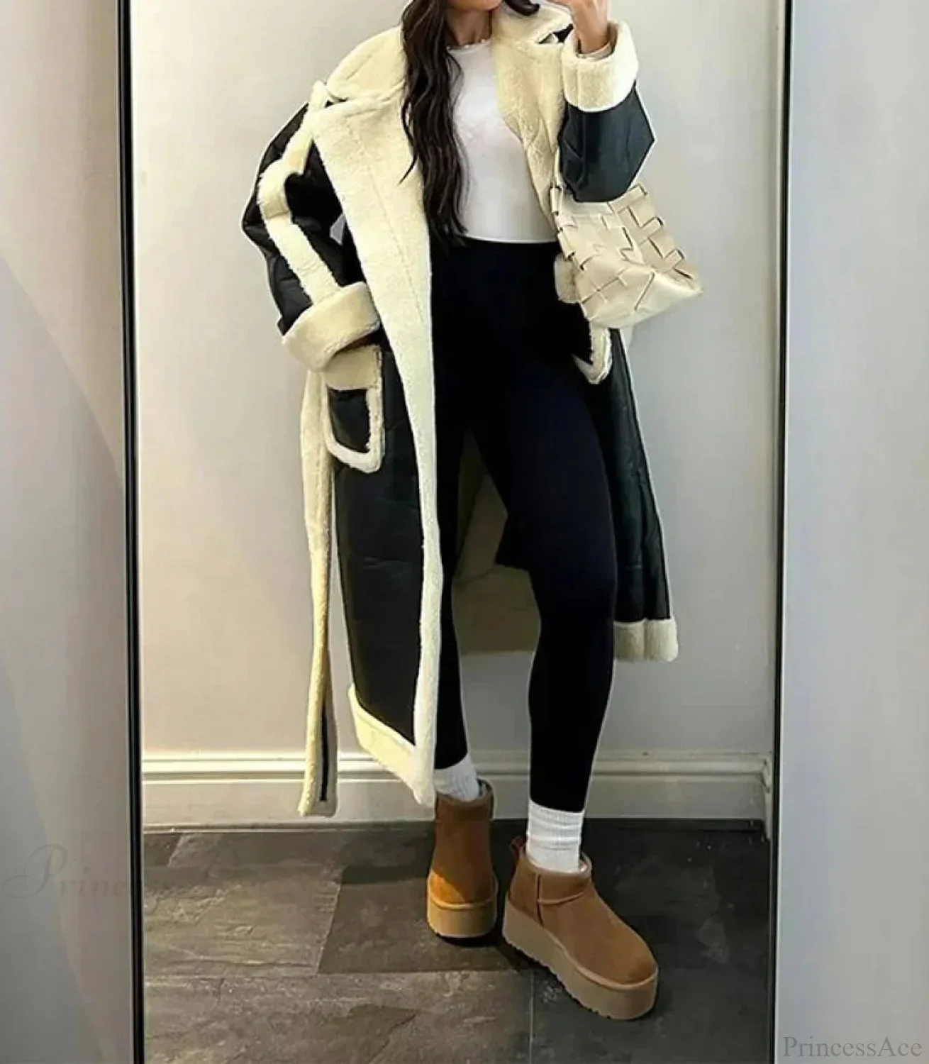 Lambwool Patchwork Leather Long Coat - Image 2