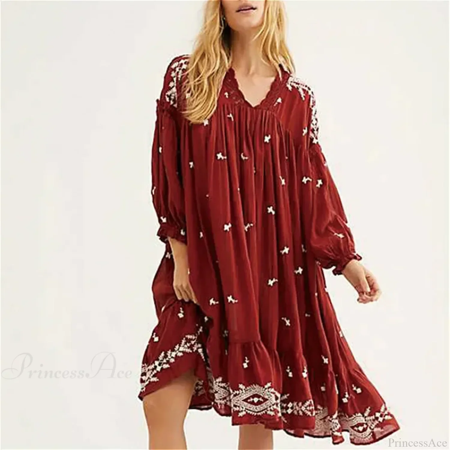 Lantern Long Sleeve Cotton Rayon Embroidery Dress - Image 3