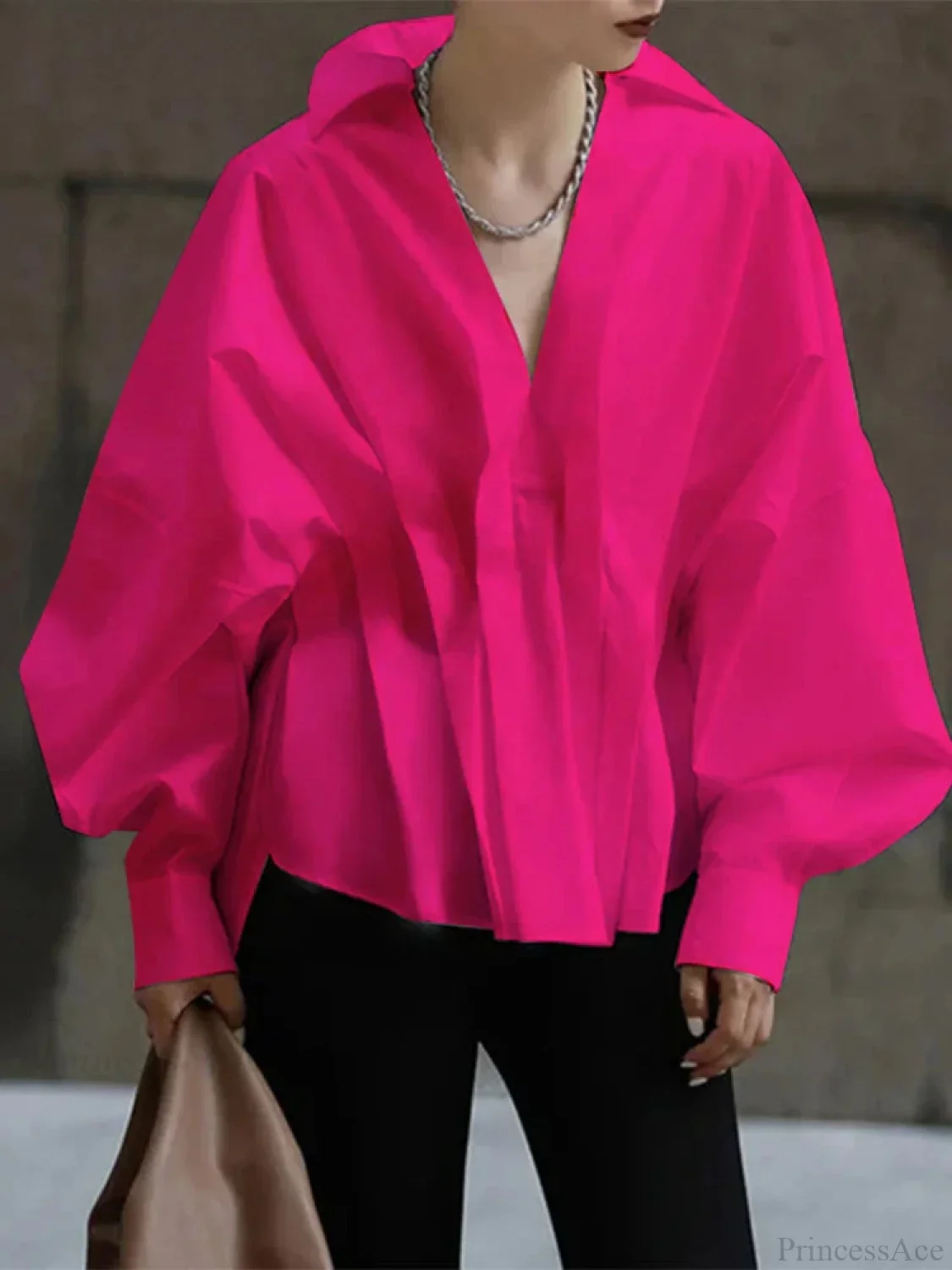Lantern Long Sleeve Pleated Turn-down Collar Blouse - Image 2