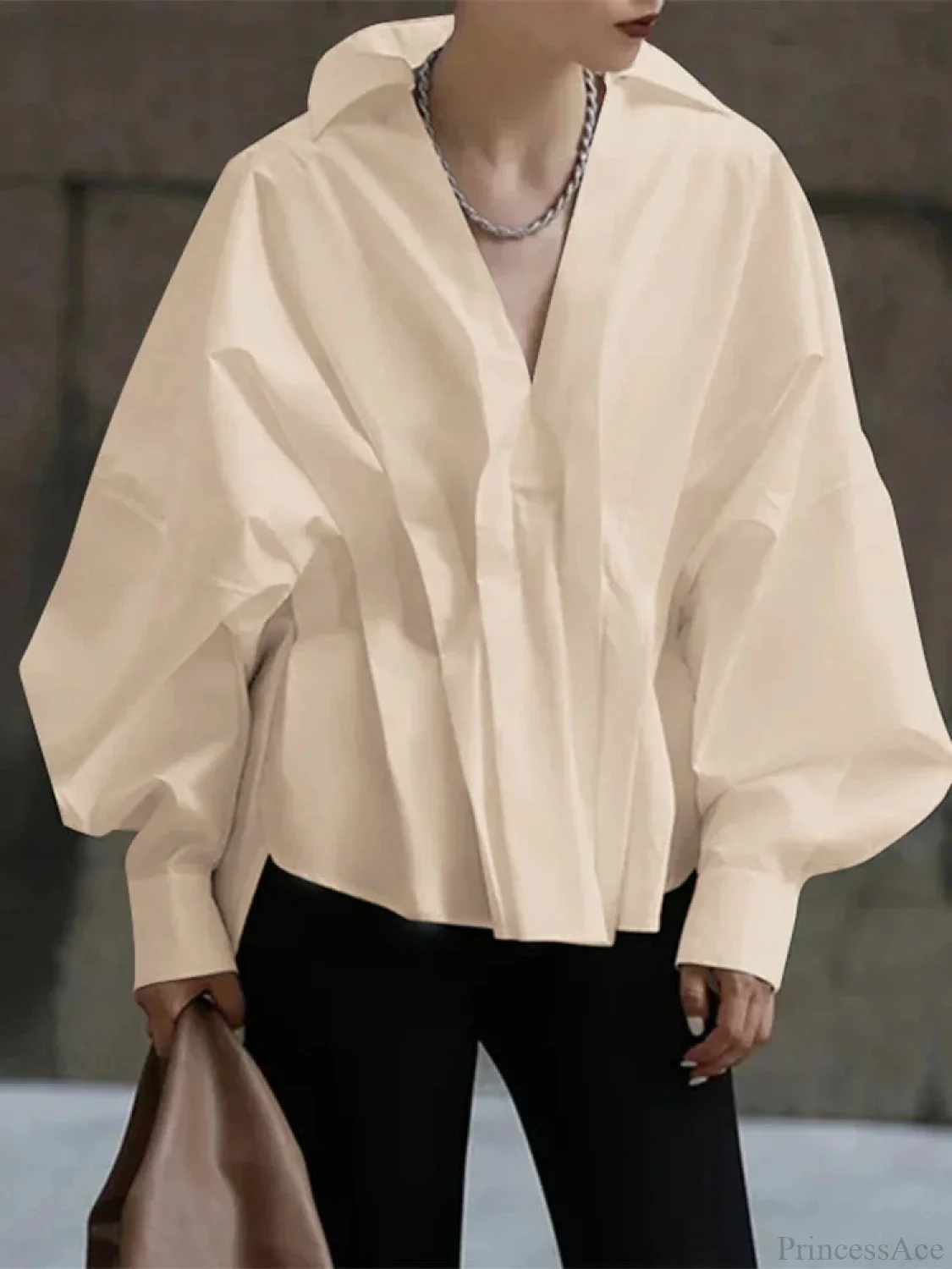 Lantern Long Sleeve Pleated Turn-down Collar Blouse - Image 3