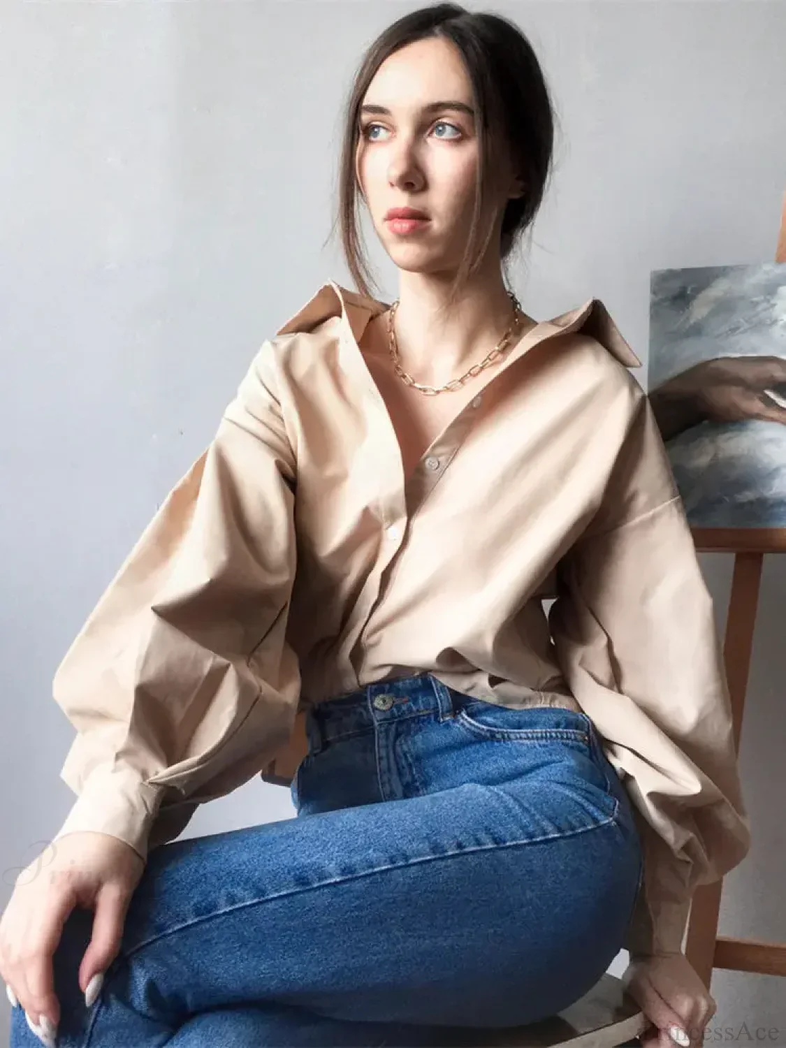 Lantern Sleeve Button Collar Blouse - Image 5