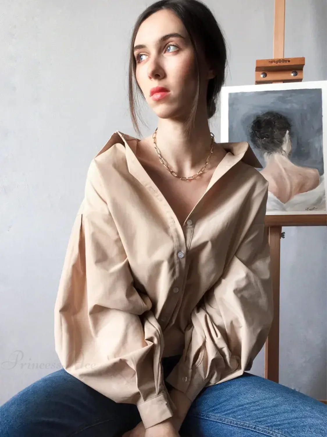 Lantern Sleeve Button Collar Blouse - Image 6