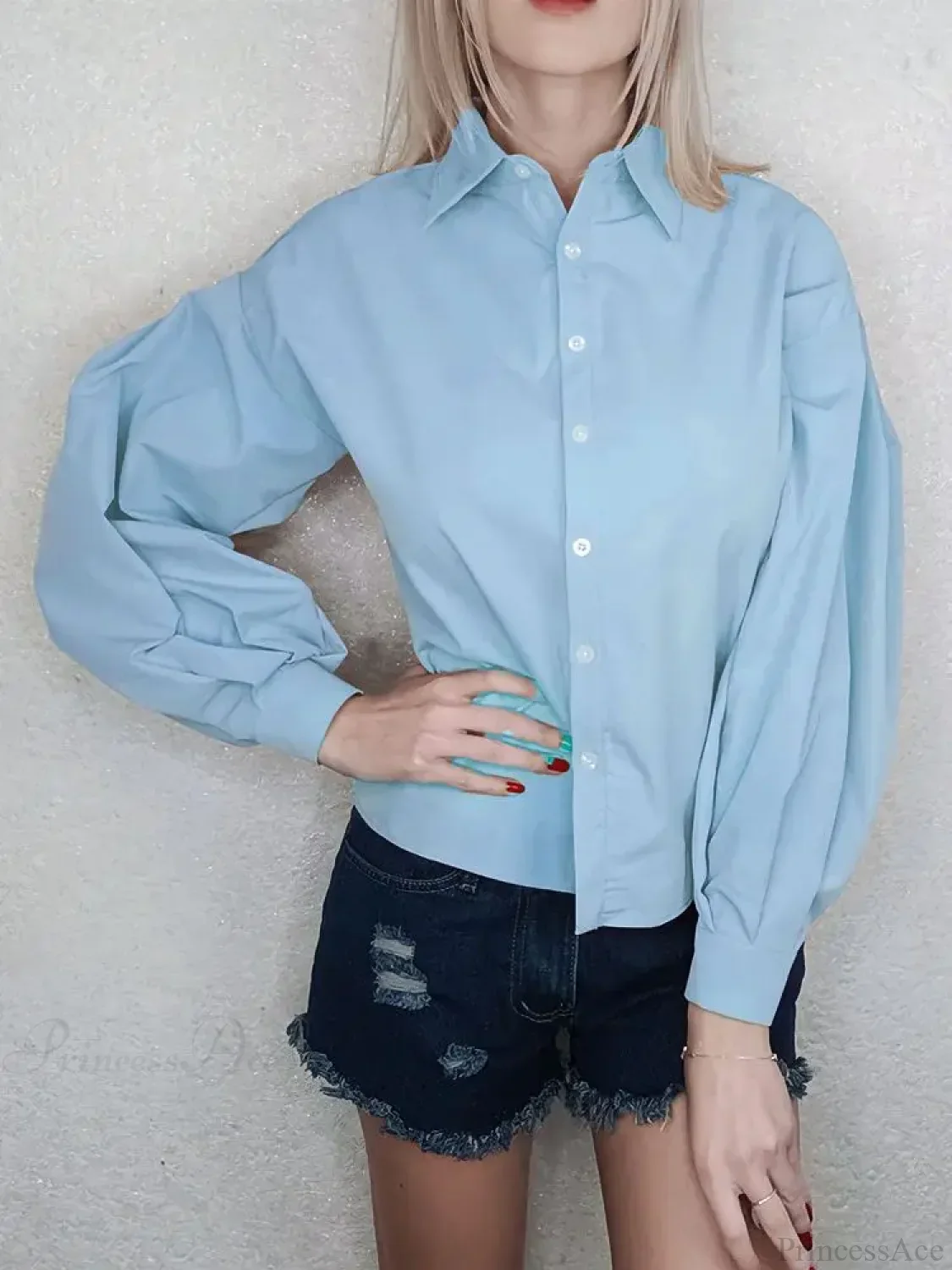 Lantern Sleeve Button Collar Blouse - Image 8