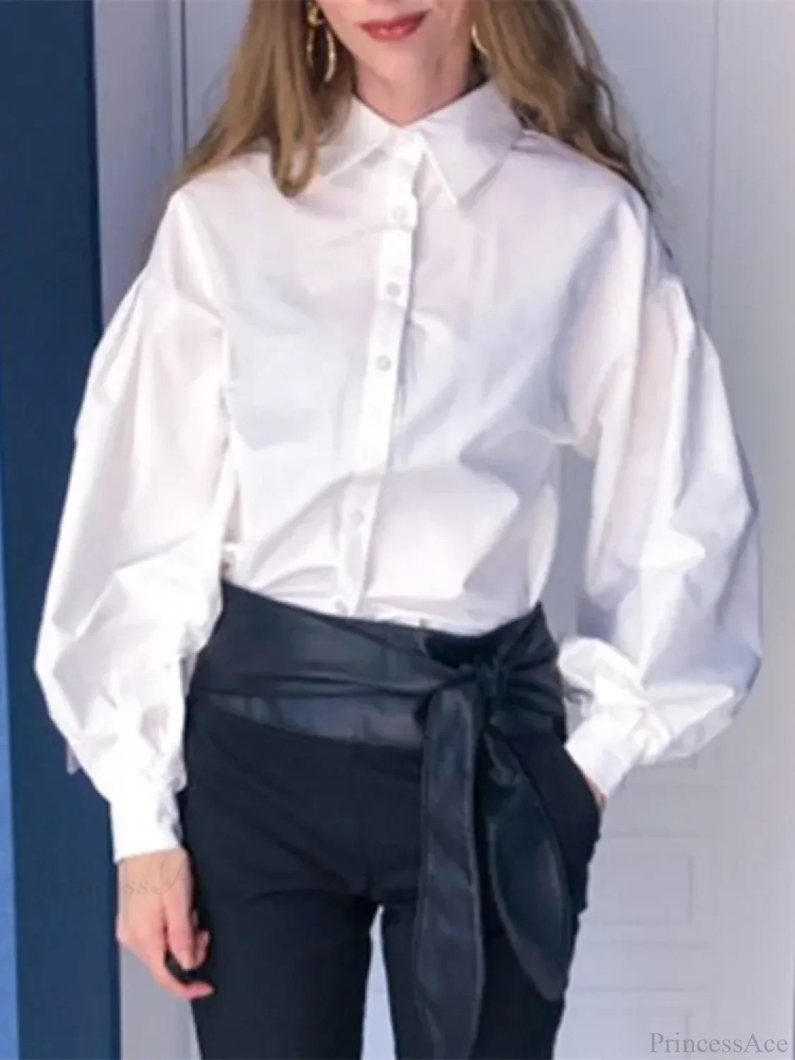 Lantern Sleeve Button Collar Blouse - Image 9