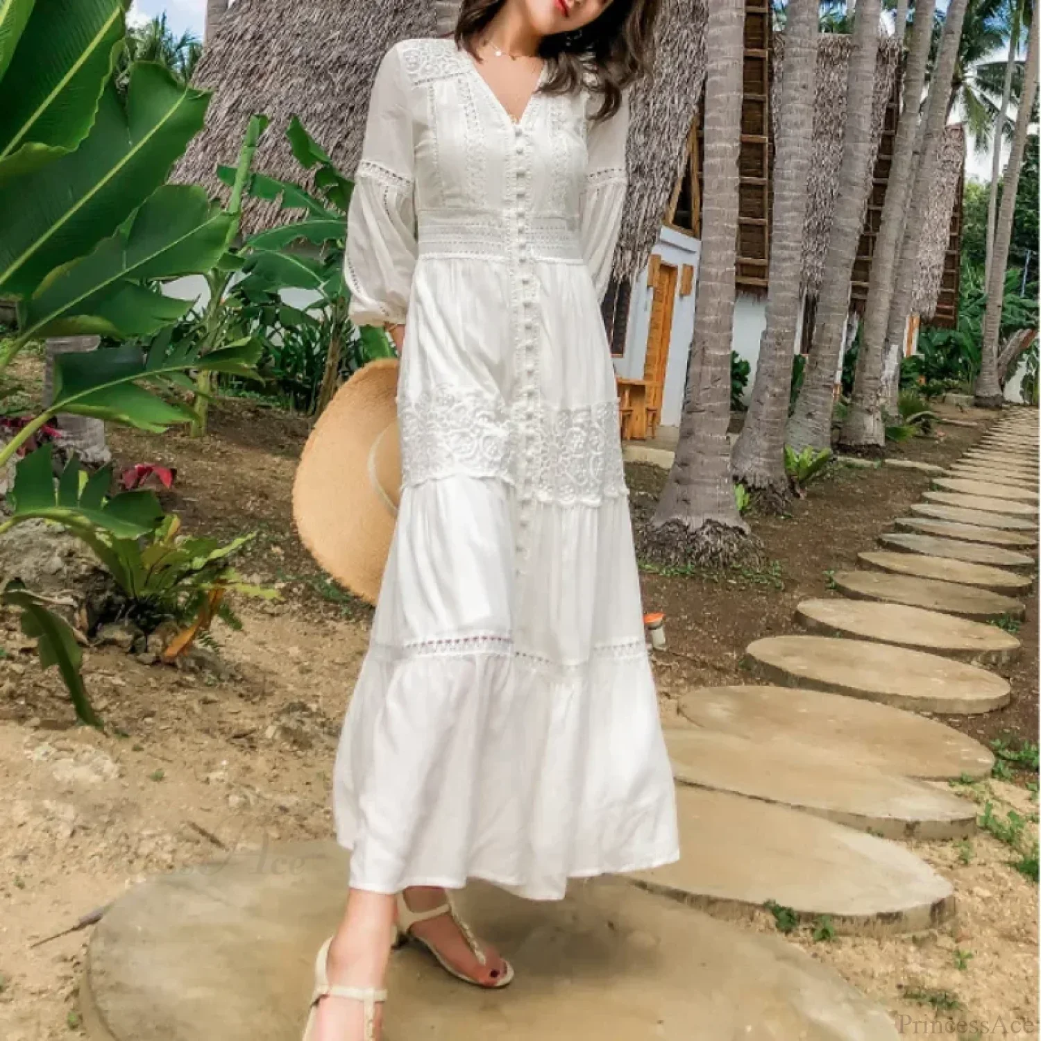 Lantern Sleeve Cotton Rayon Lace Splice Long Dress Vintage White V-neck - Image 2