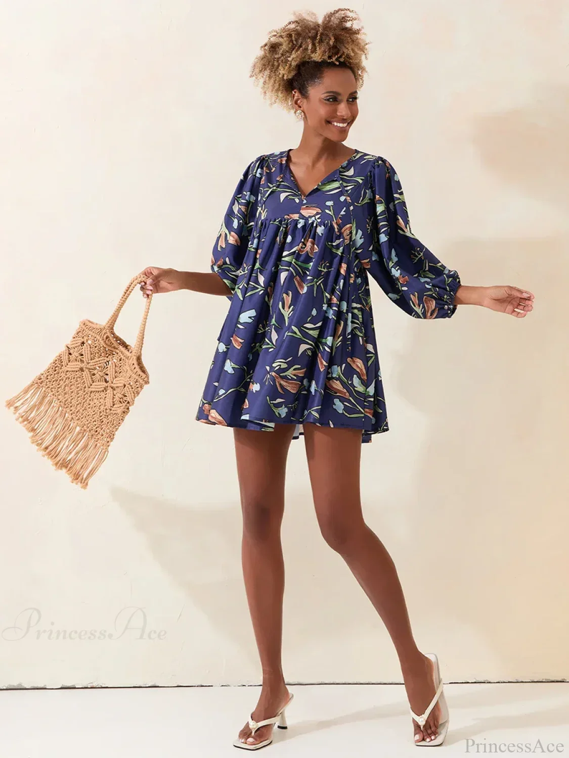 Lantern Sleeve Loose Floral Tied Bodydoll Short Floral Dress - Image 3
