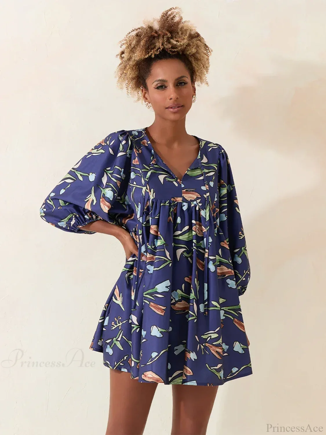 Lantern Sleeve Loose Floral Tied Bodydoll Short Floral Dress - Image 6