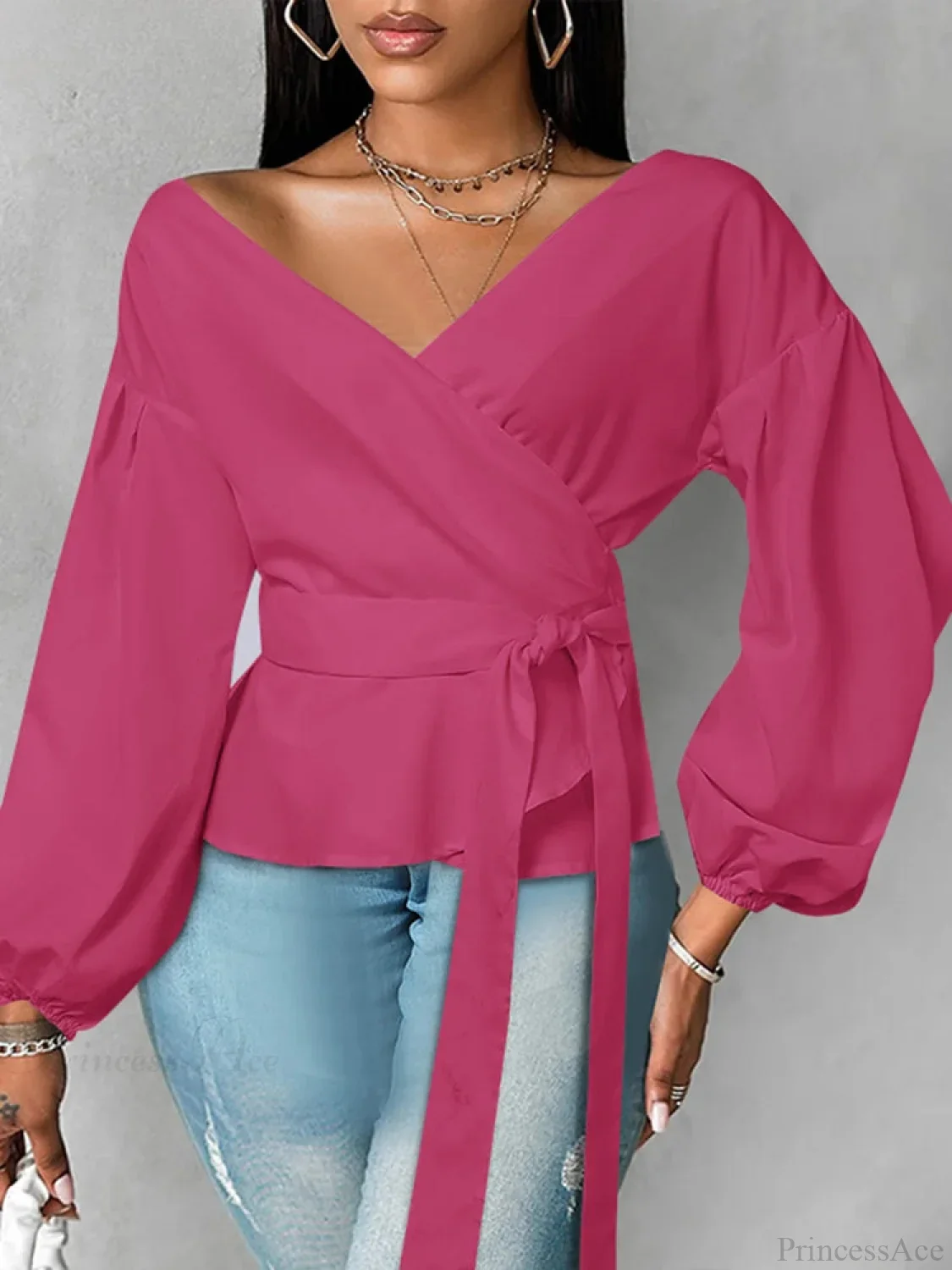 Lantern Sleeve Ruffled Belted Solid Color Blouse - Image 2