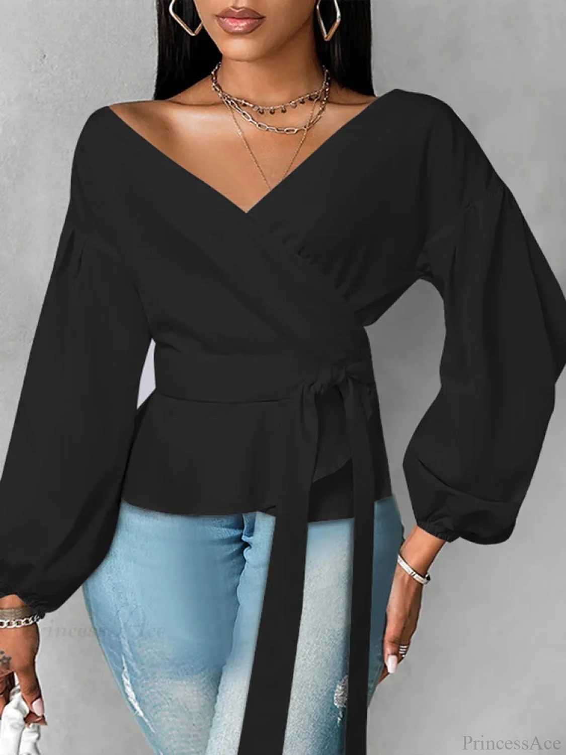Lantern Sleeve Ruffled Belted Solid Color Blouse - Image 3