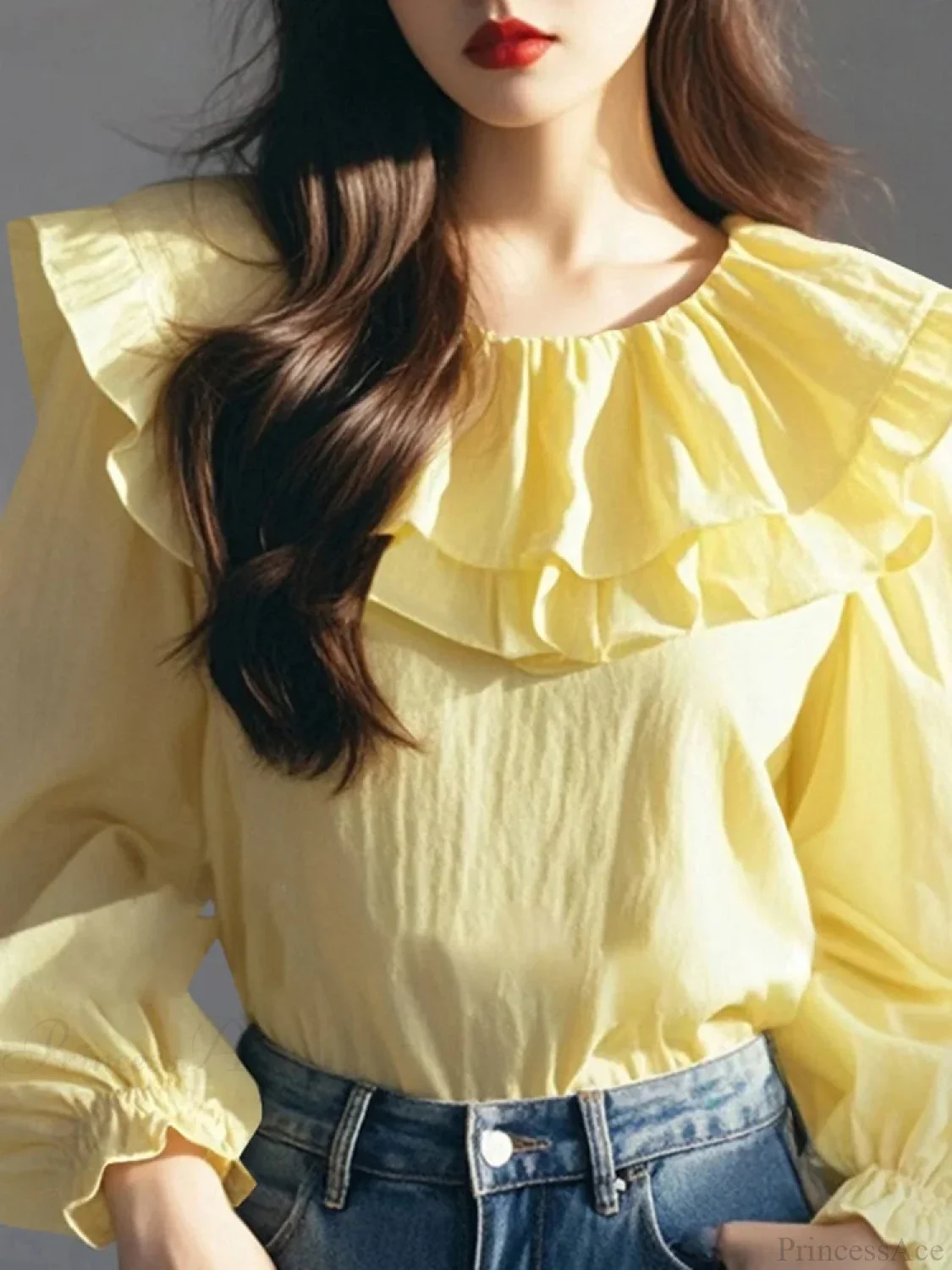 Lantern Sleeve Ruffled Round Neck Blouse - Image 2