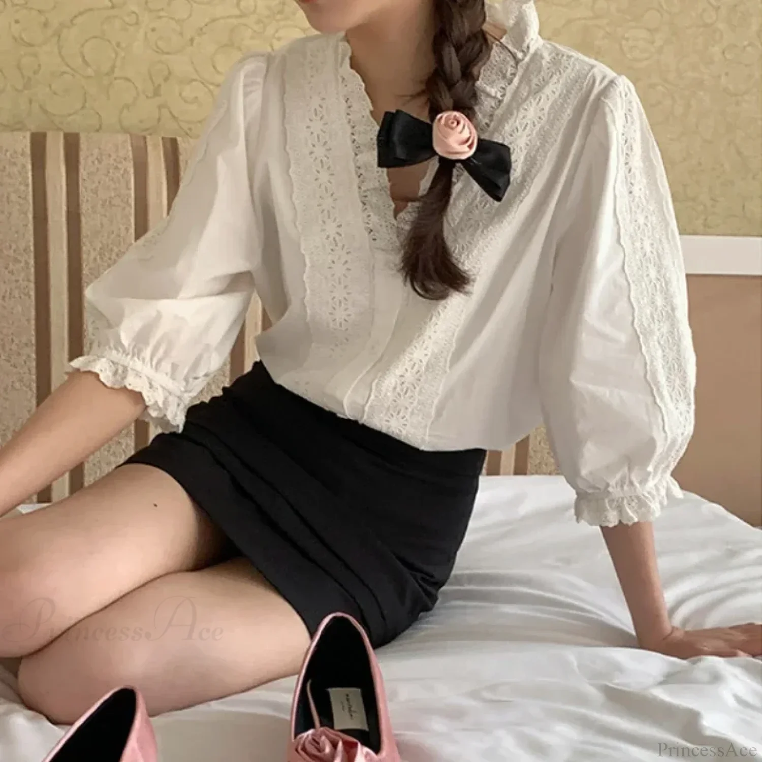 Lantern Sleeve Ruffles V-Neck Cotton Boho Office Blouse