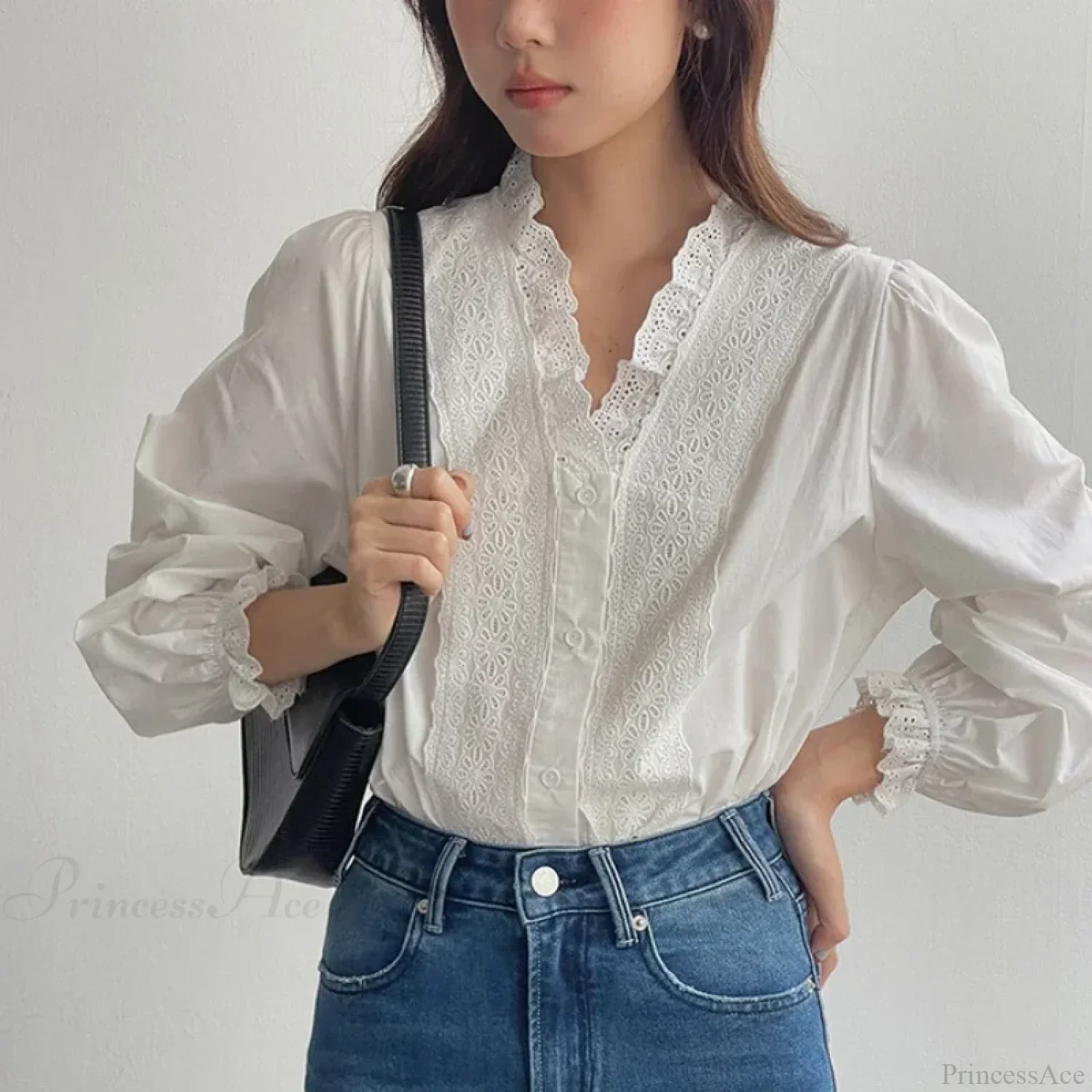 Lantern Sleeve Ruffles V-Neck Cotton Boho Office Blouse - Image 4