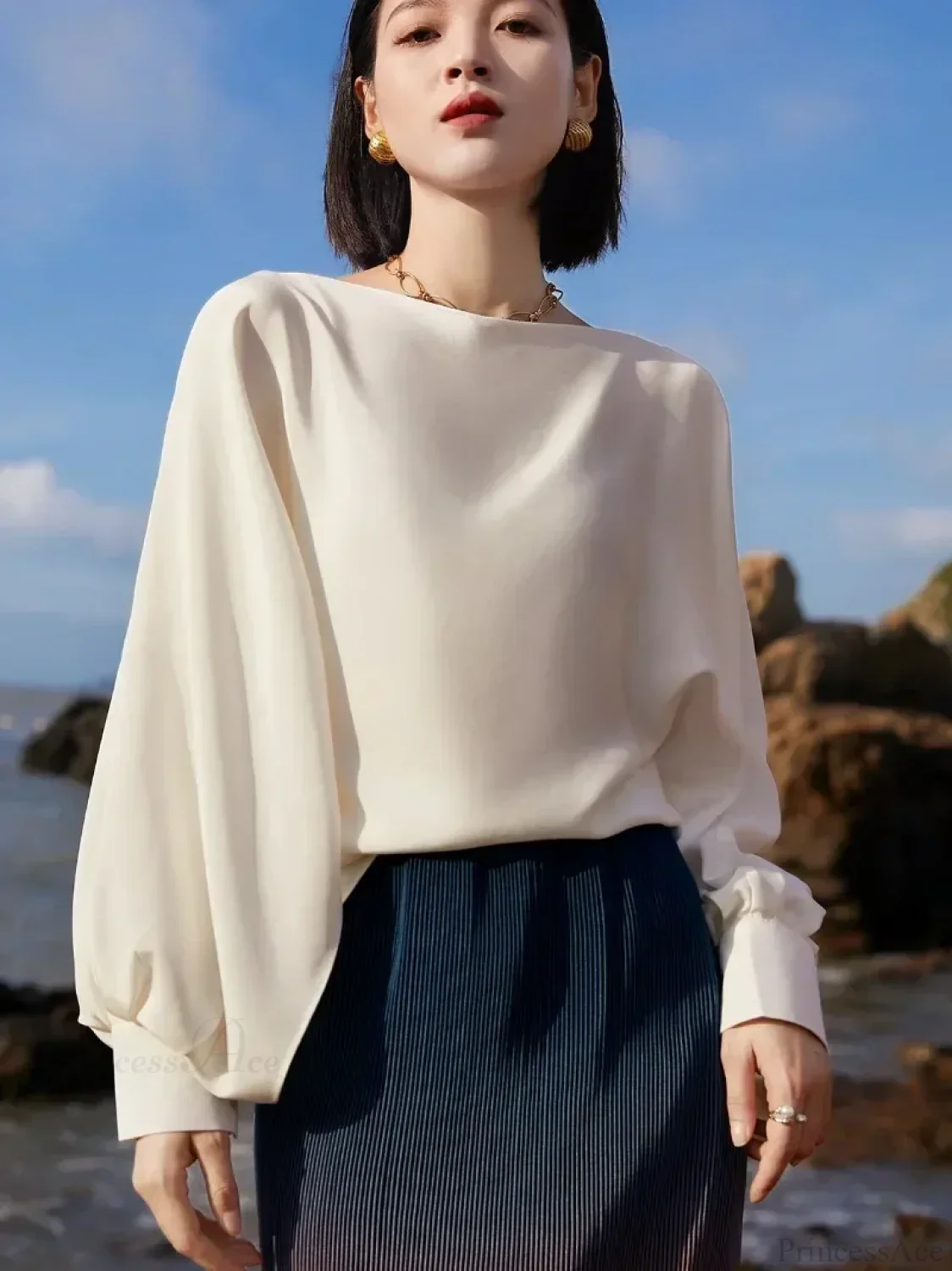 Lantern Sleeve Satin Casual Blouse Fashion Blouse - Image 3