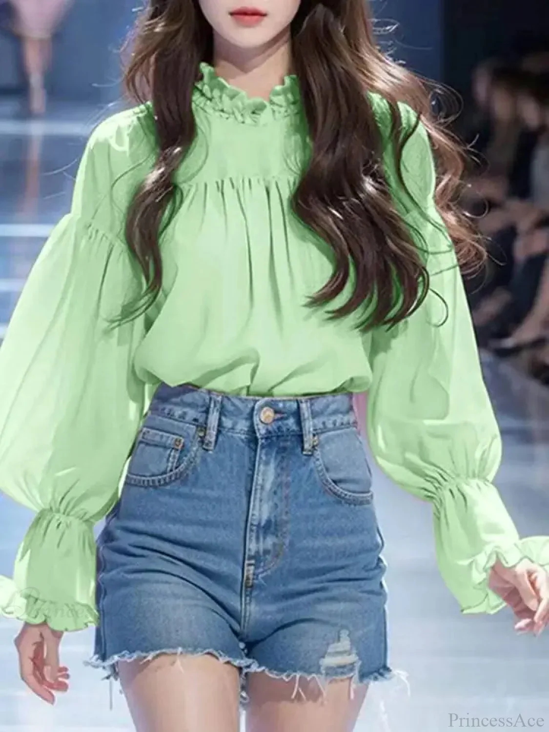 Lantern Sleeve Solid Stand Collar Blouse - Image 3