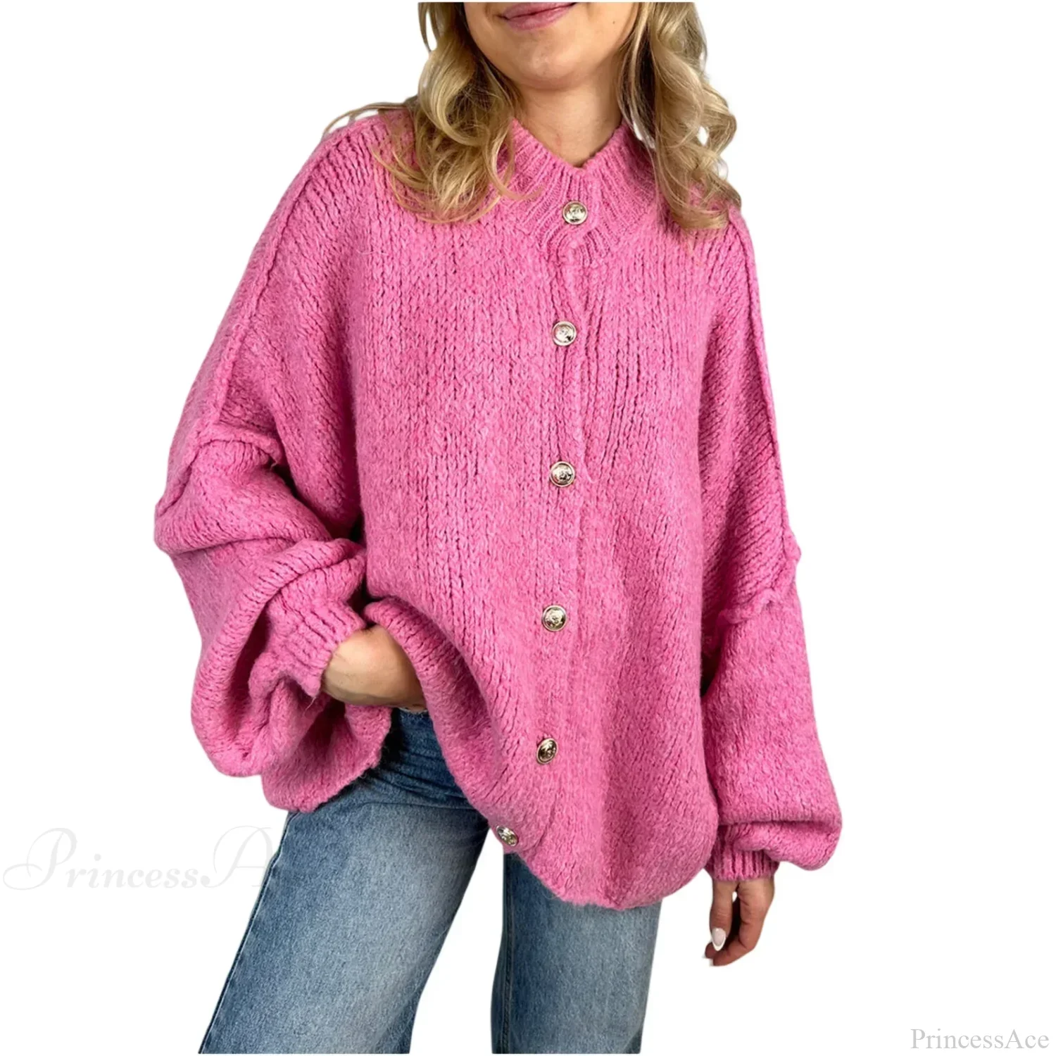 Lantern Sleeve Stand Collar Cardigan - Image 12