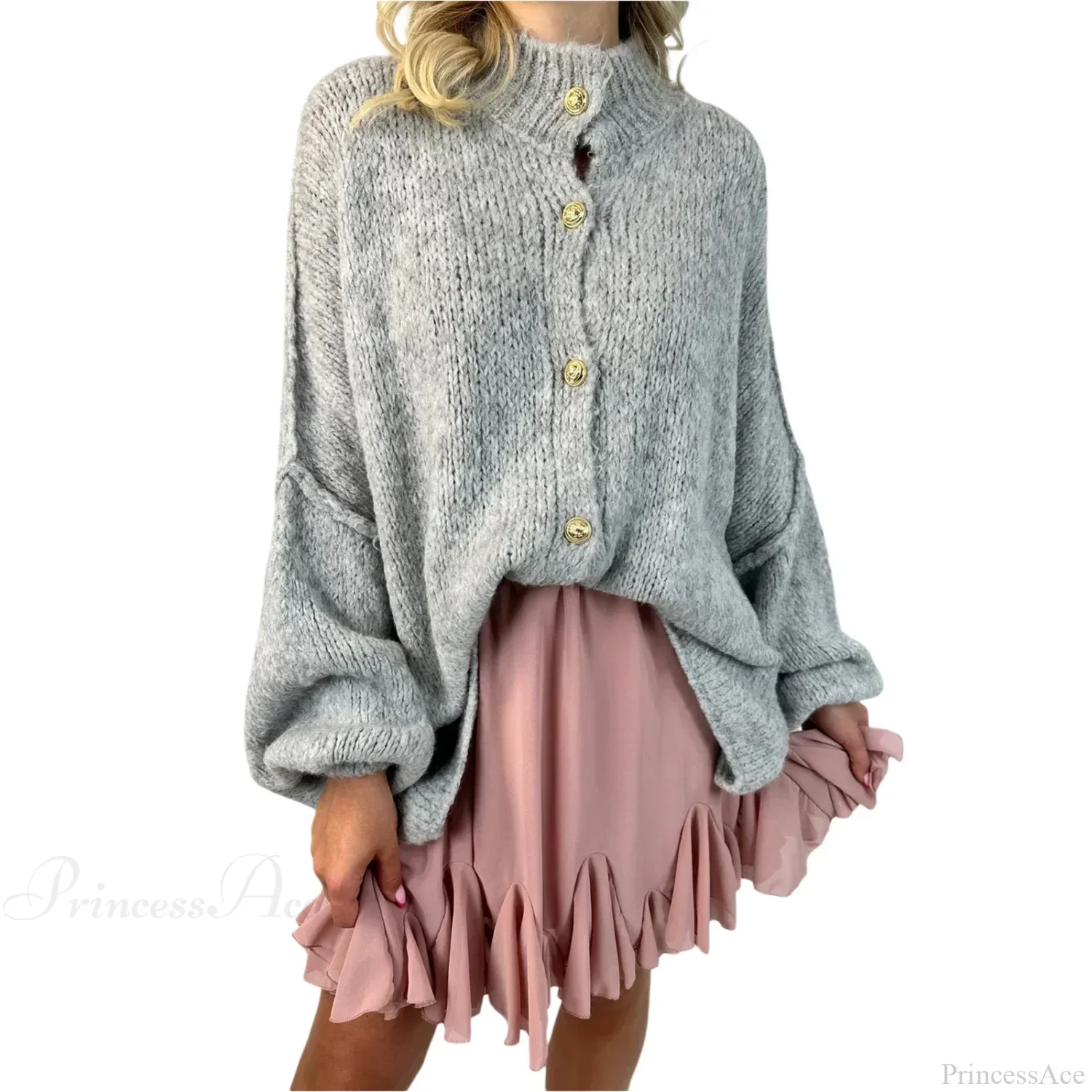 Lantern Sleeve Stand Collar Cardigan - Image 9