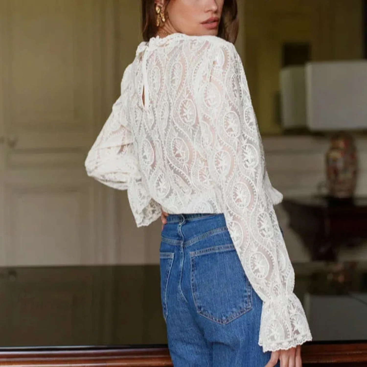 Lantern Sleeve Stand Neck Floral Boho Blouse - Image 4