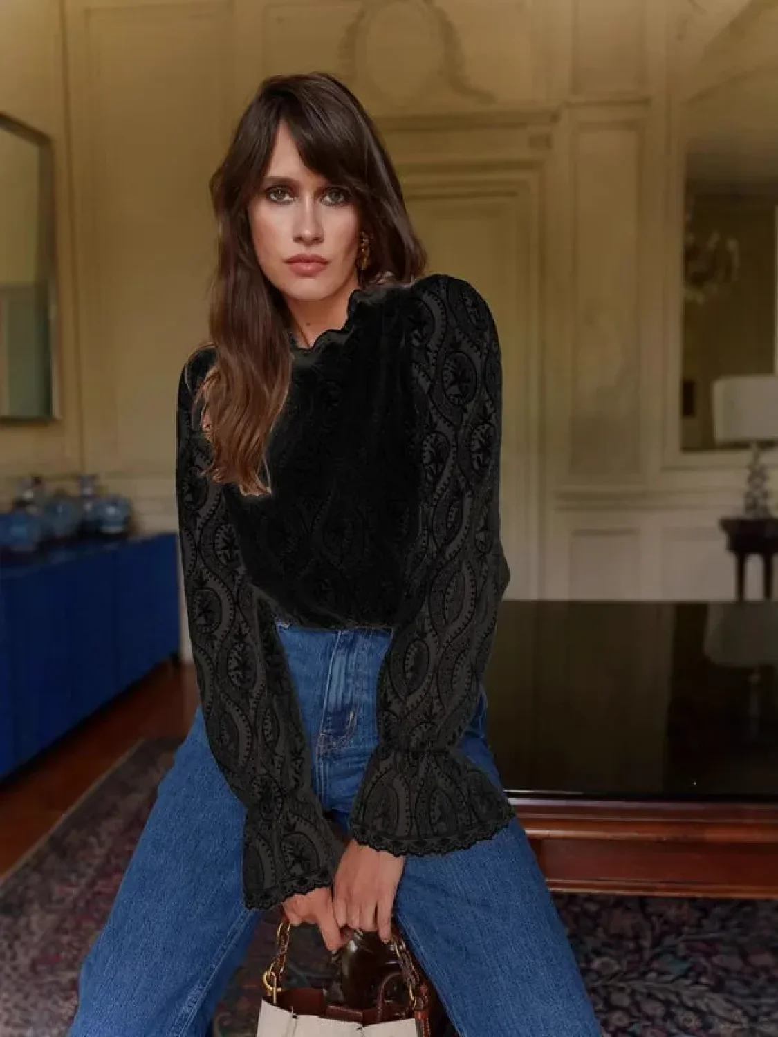 Lantern Sleeve Stand Neck Floral Boho Blouse - Image 6