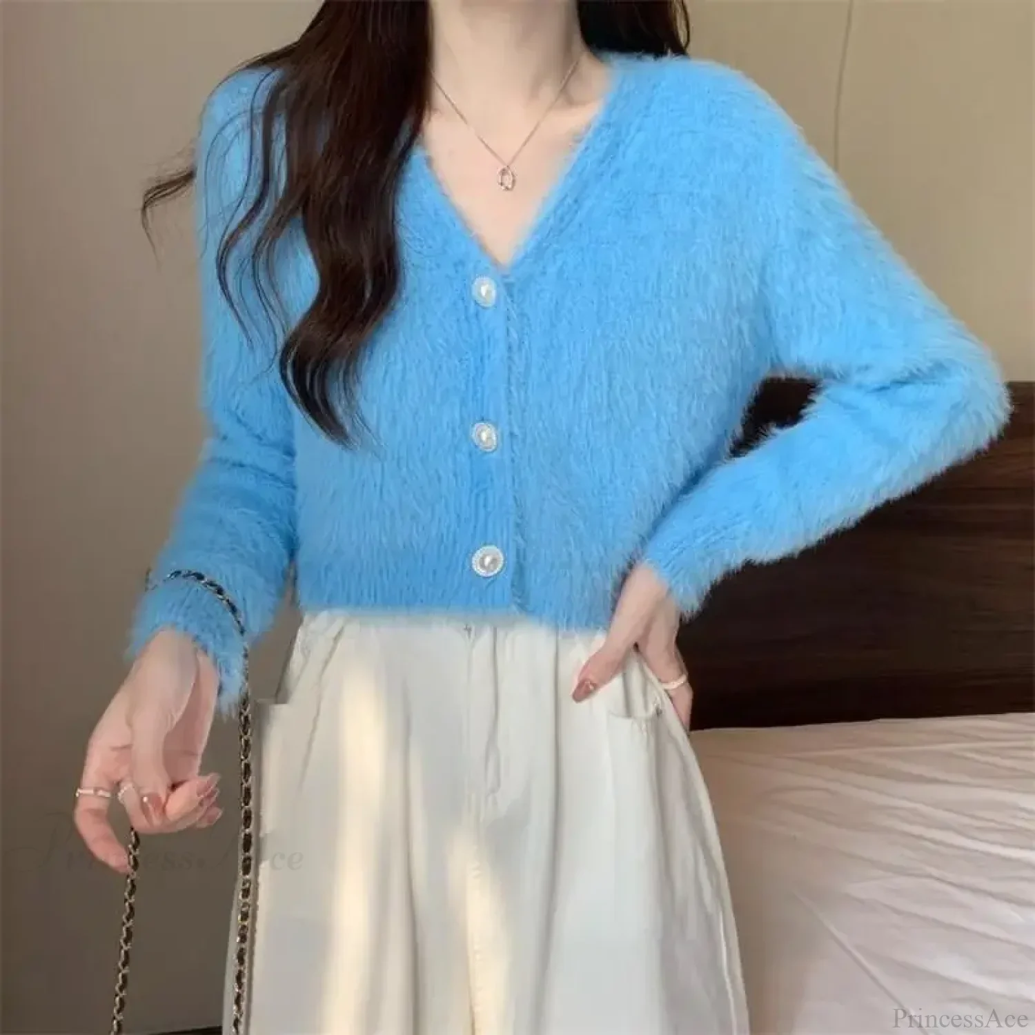 Lantern Sleeve V-Neck Solid Button-Up Knit Cardigan Coat - Image 2